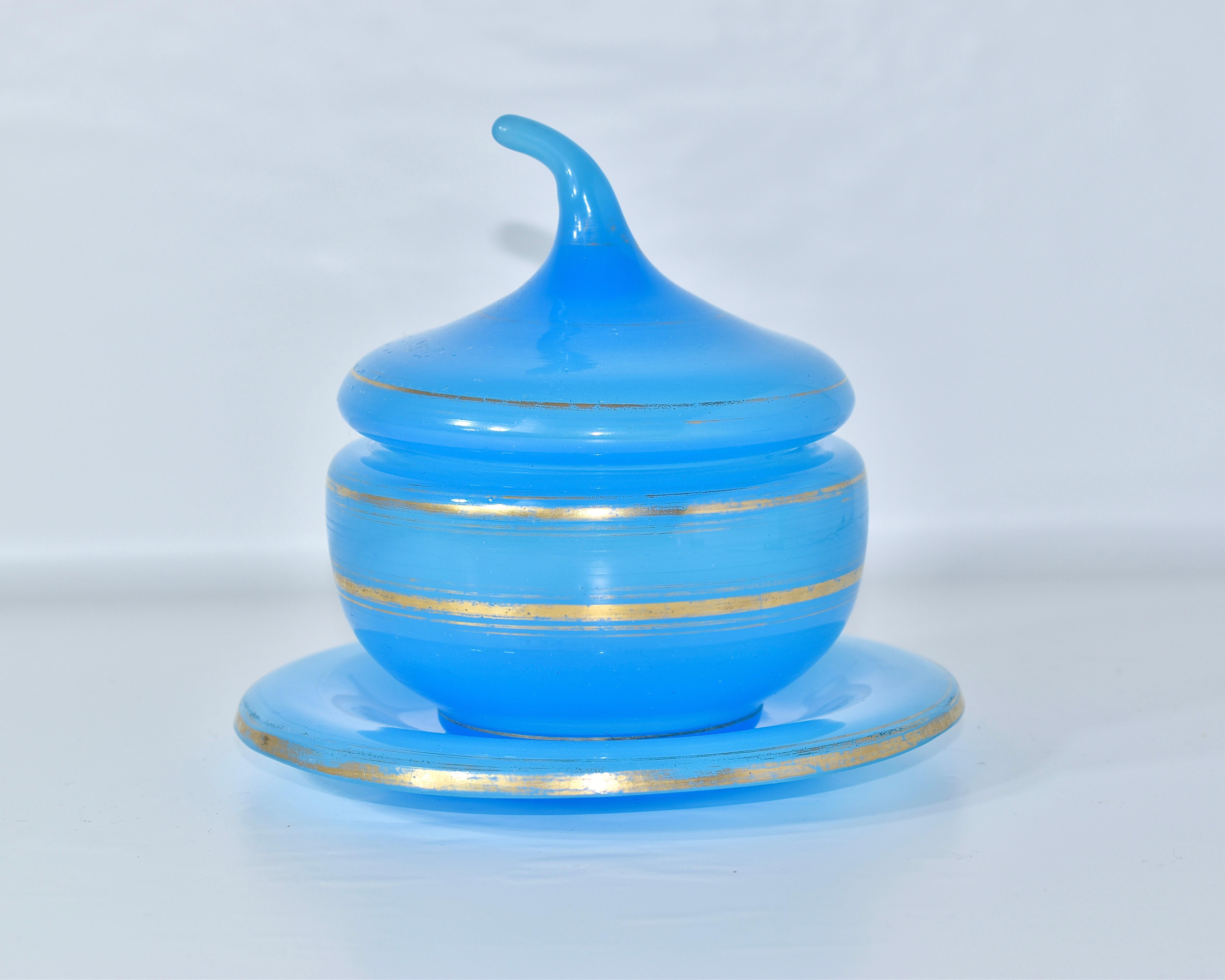 Gilt Antique French Blue Opaline Glass Sugar Bowl, Candy Box, Bonbonniere For Sale