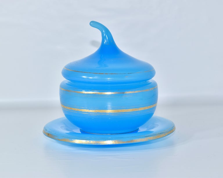 Sucrier Ancien En Opaline Bleue à Motif Fleur - Déco Vintage SV
