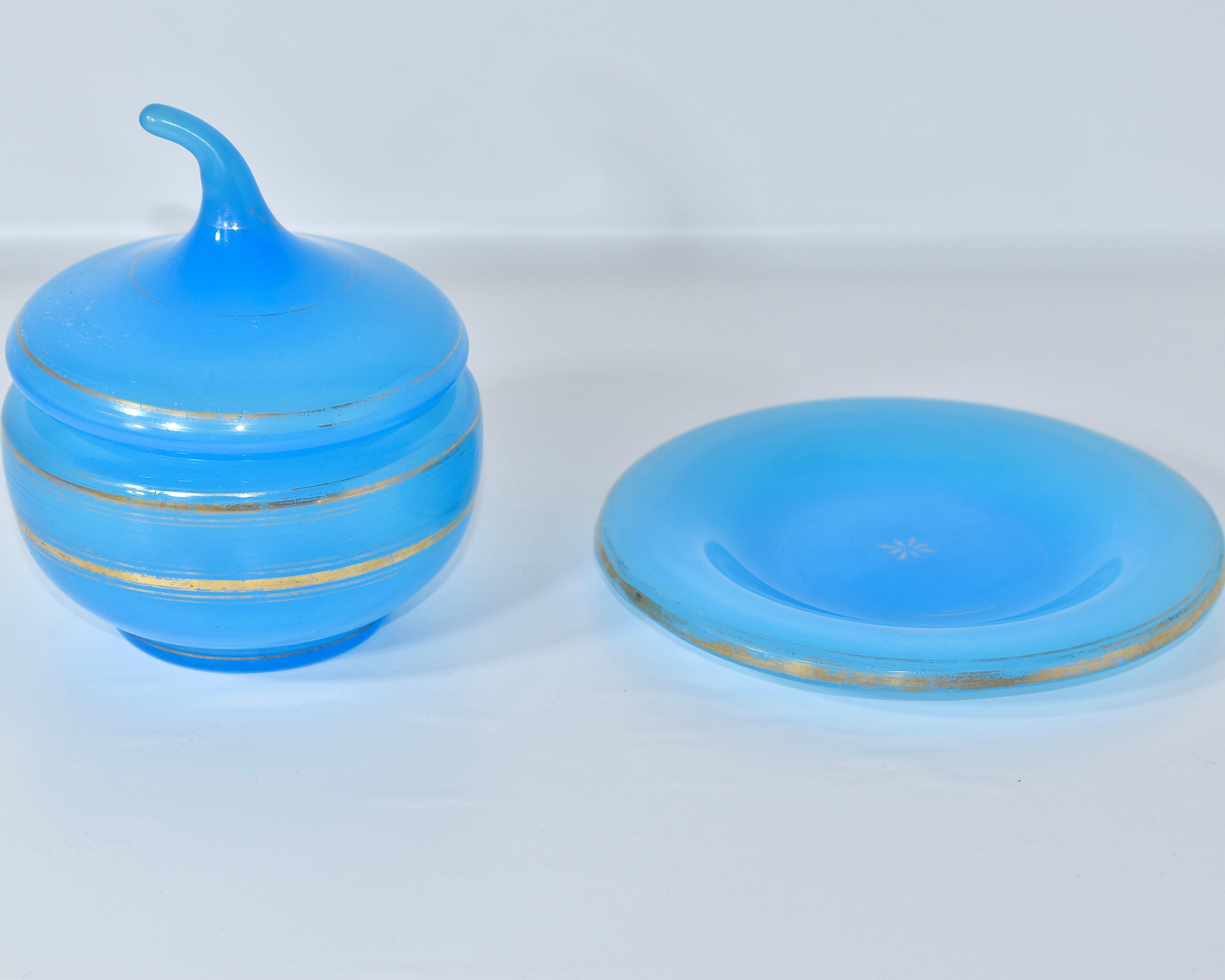 19th Century Antique French Blue Opaline Glass Sugar Bowl, Candy Box, Bonbonniere For Sale