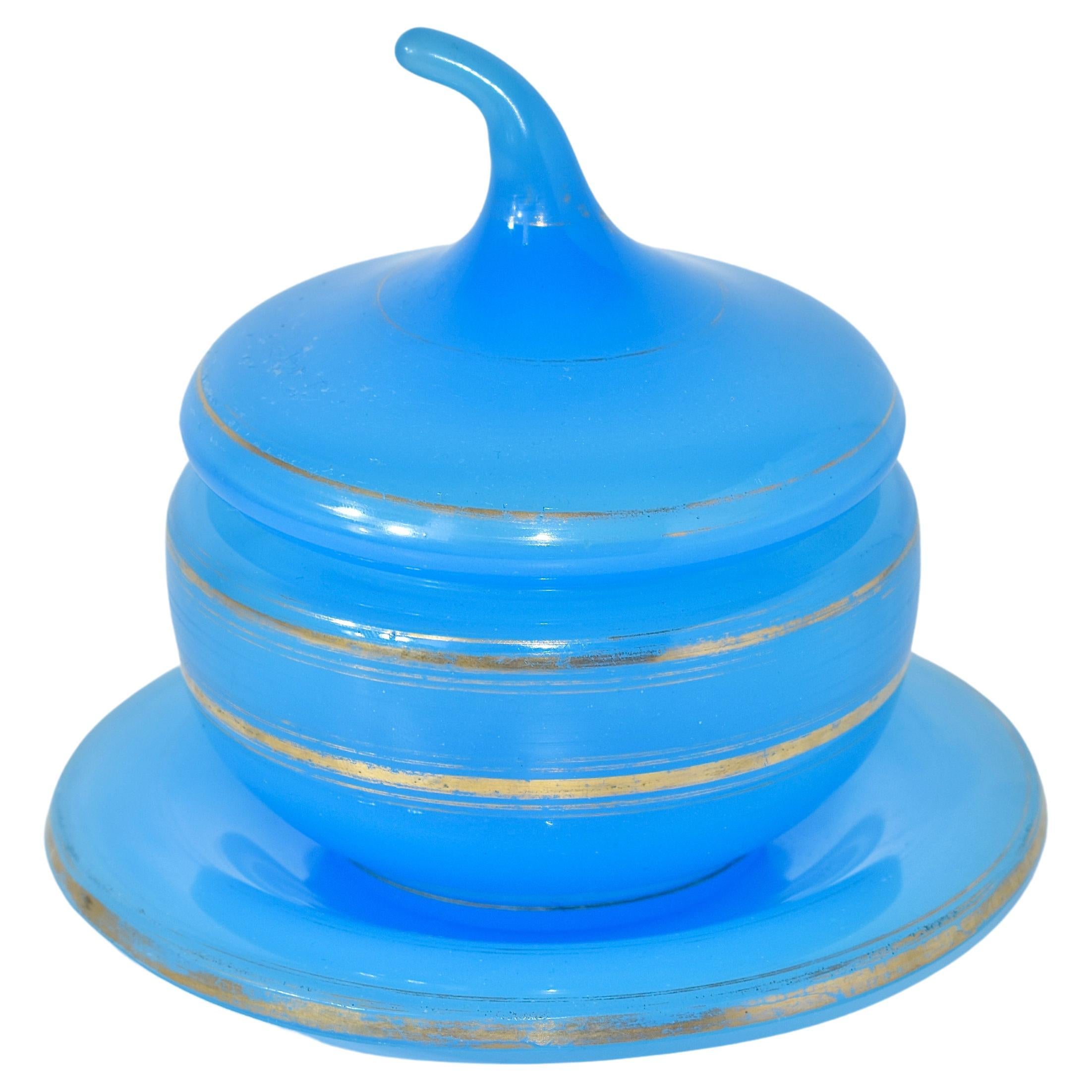 Antique French Blue Opaline Glass Sugar Bowl, Candy Box, Bonbonniere For Sale