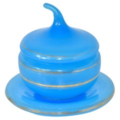 Antique French Blue Opaline Glass Sugar Bowl, Candy Box, Bonbonniere