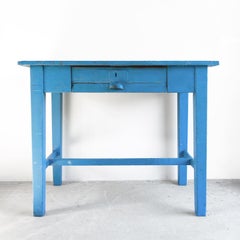 Antique French Blue Painted Pine Side Table/Desk, Early 20Th Century