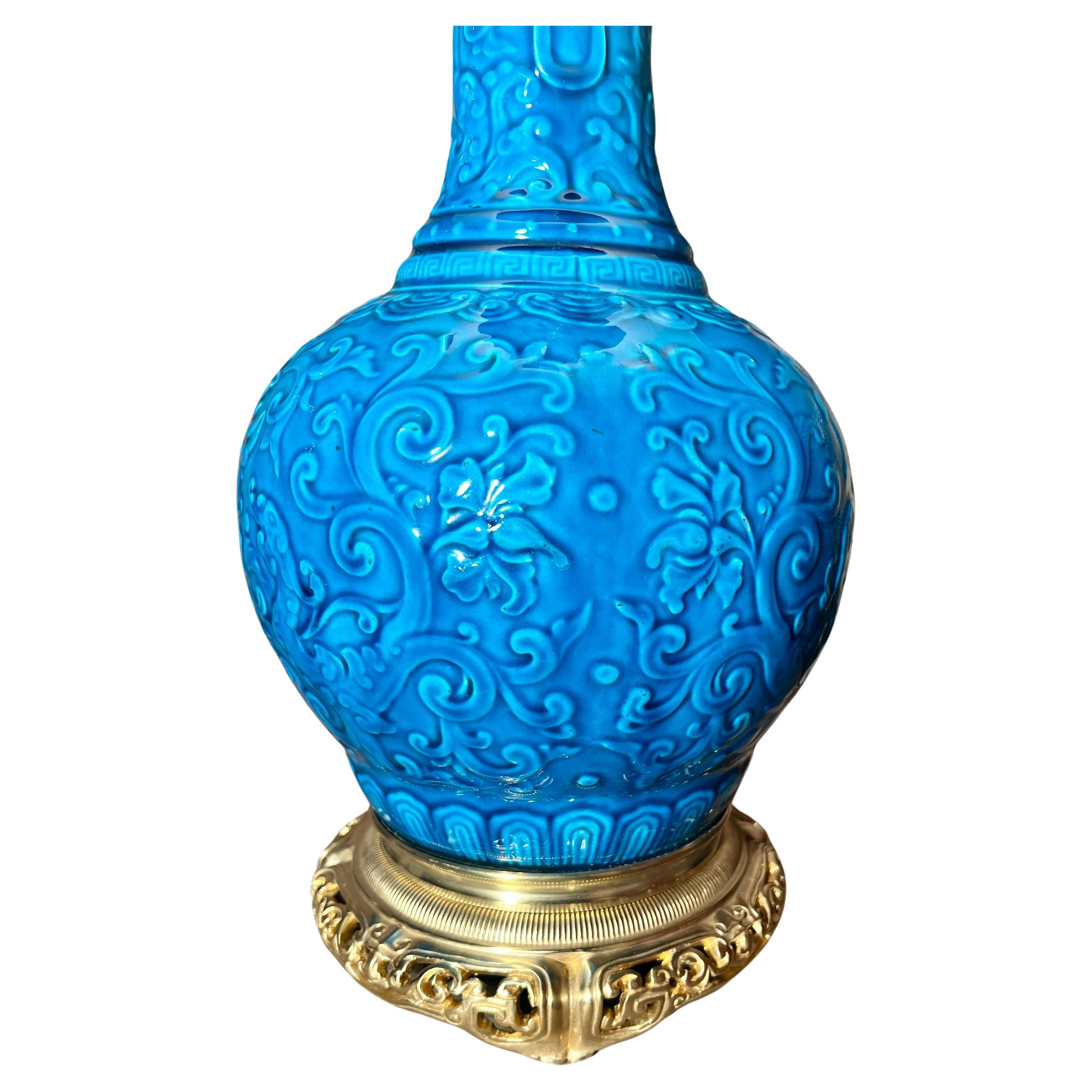 Antique French Vibrant Color Blue Porcelain Lamp with Ormolu Mounts, Circa 1885-1890.