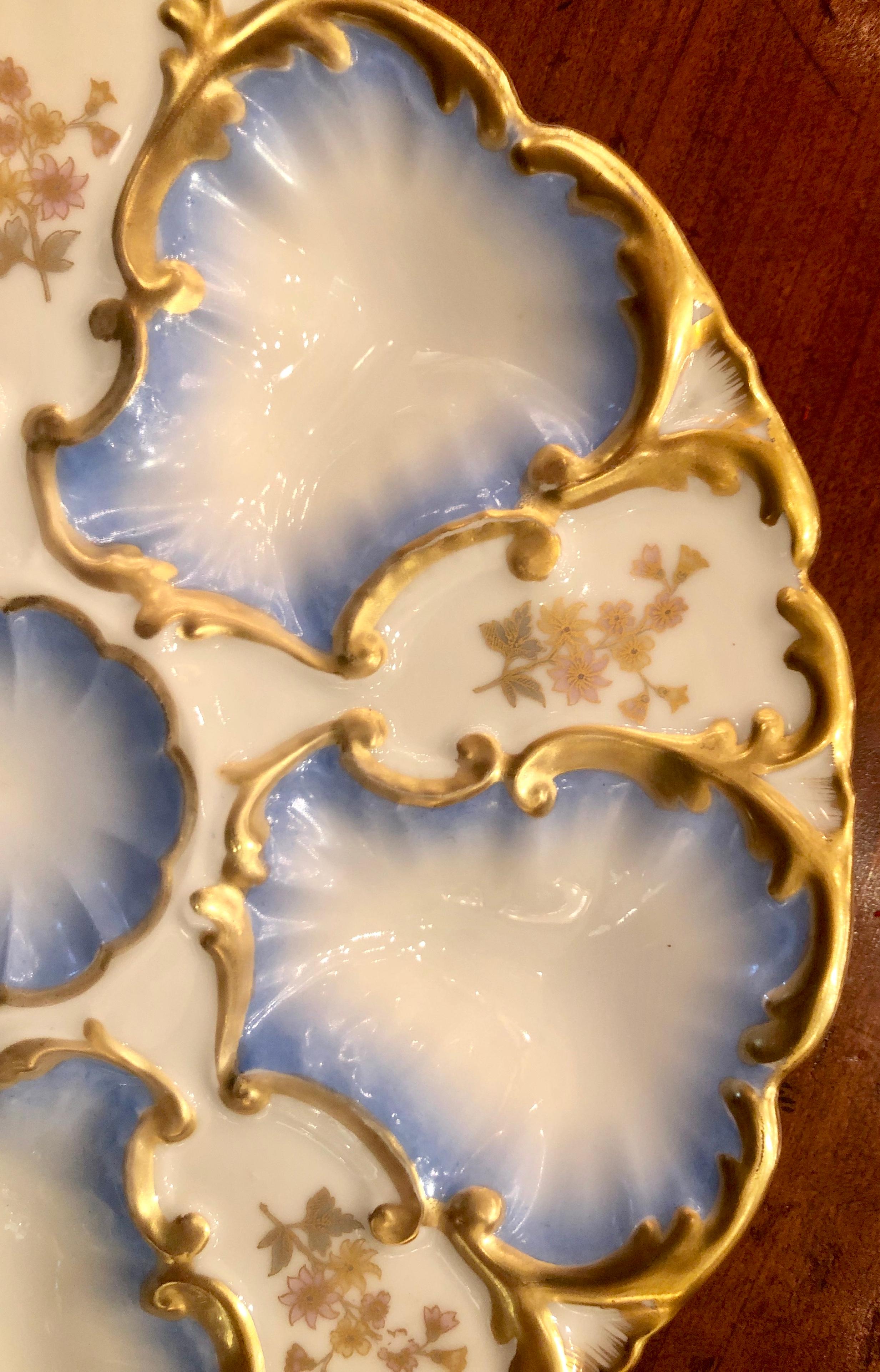 Antique French hand painted blue porcelain oyster plate signed 