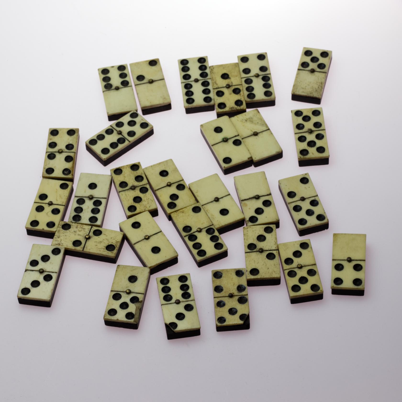 Brass Antique French Bone and Ebony Dominoes Set, 1800s For Sale