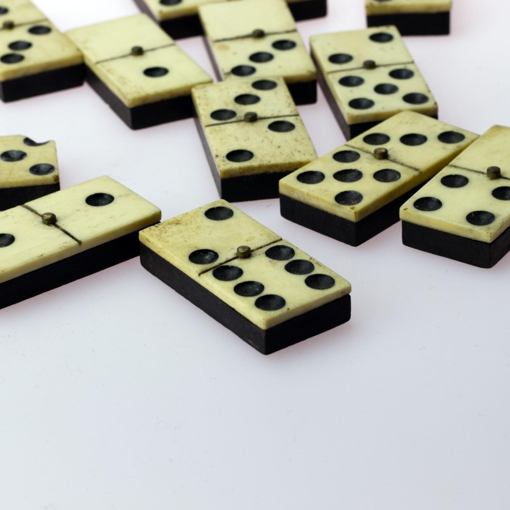 Brass Antique French Bone and Ebony Dominoes Set, 1800s For Sale