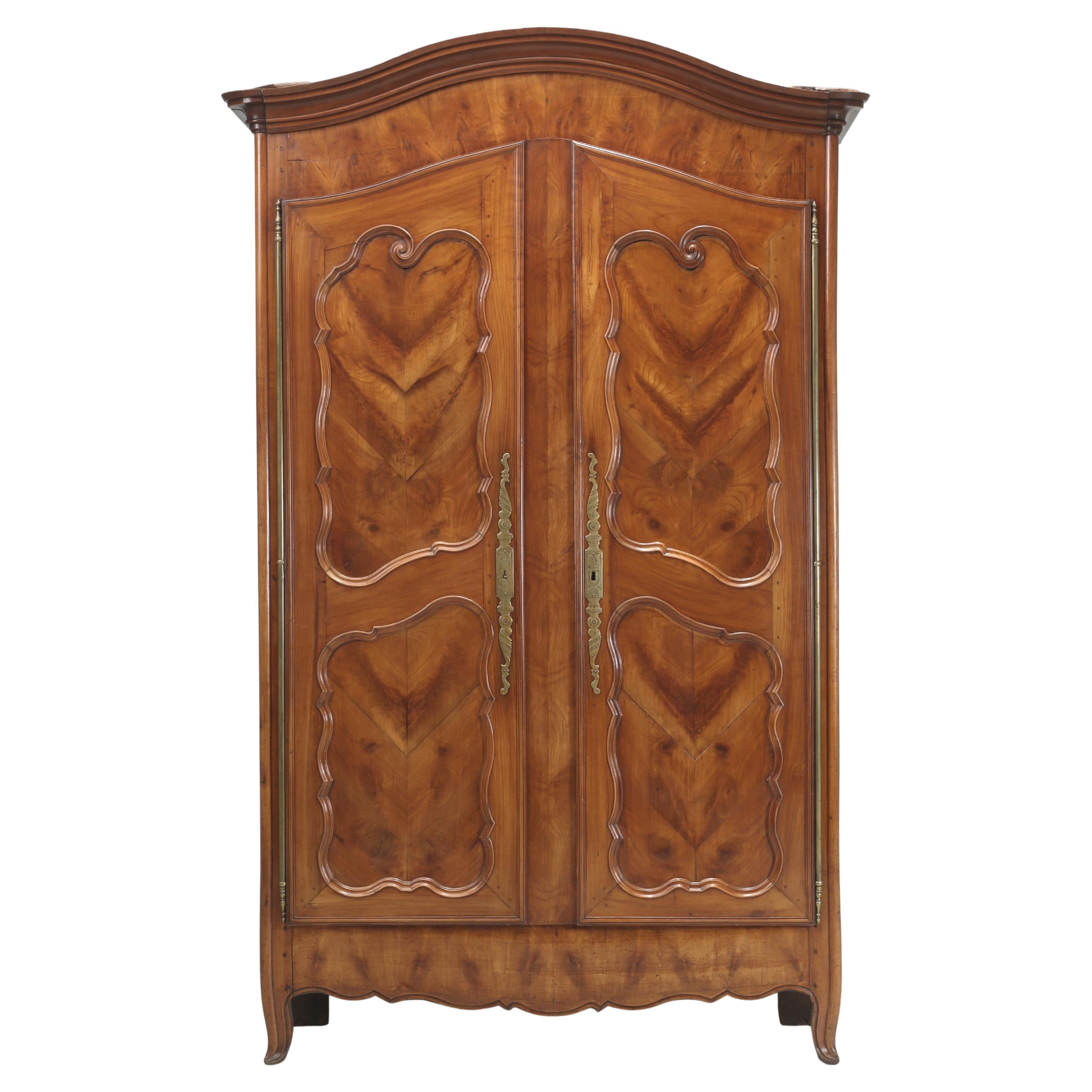 Antique French Bonnet Top Armoire in Chevron and Oyster Pattern Cherrywood c1800