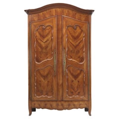 Antique French Bonnet Top Armoire in Chevron and Oyster Pattern Cherrywood c1800