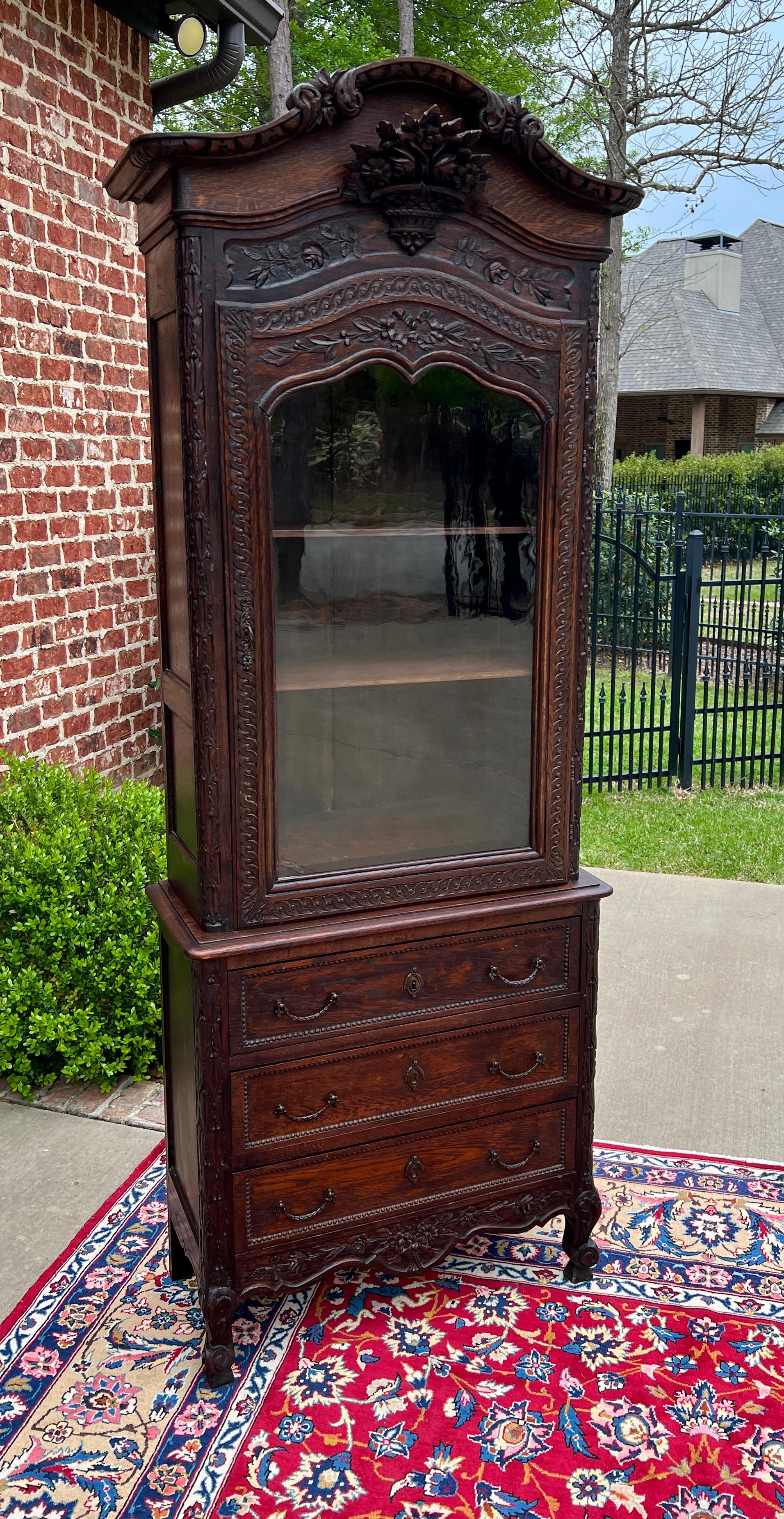 Carved Antique French Bonnetierre Vitrine Bookcase Over Chest of Drawers Oak 19th C. For Sale