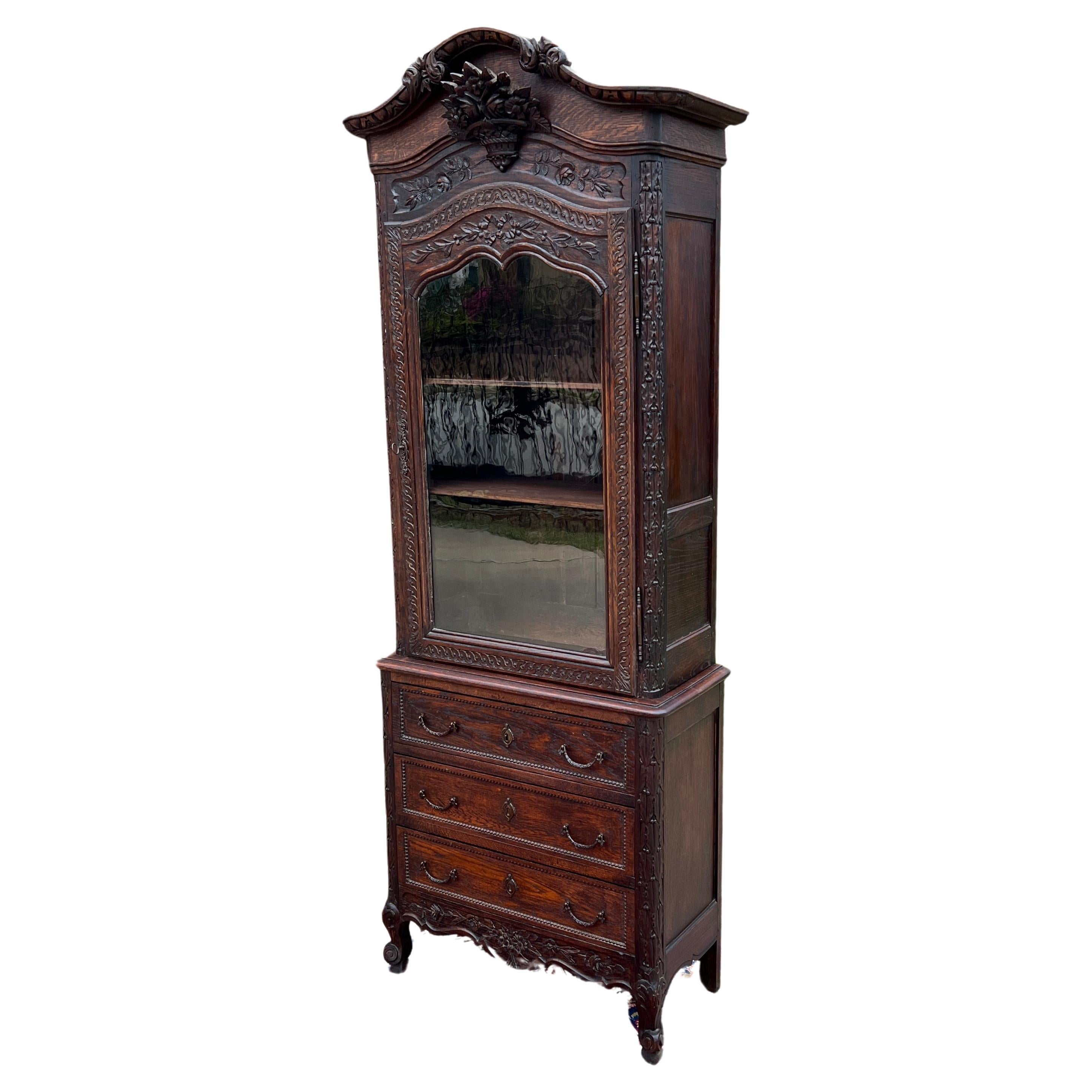 Antique French Bonnetierre Vitrine Bookcase Over Chest of Drawers Oak 19th C.