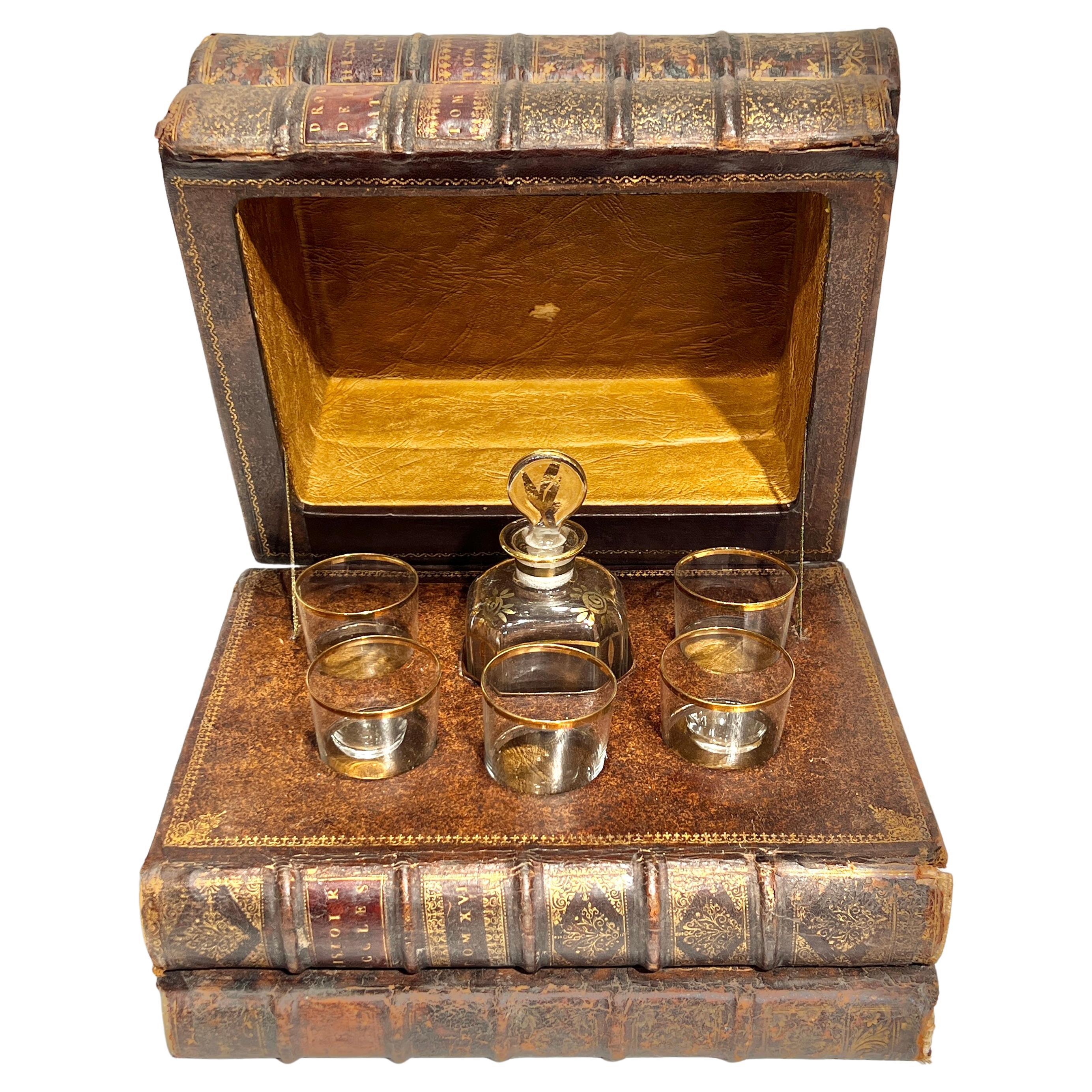 Antique French Form Liquor Tantalus Decanter and Glassware Set