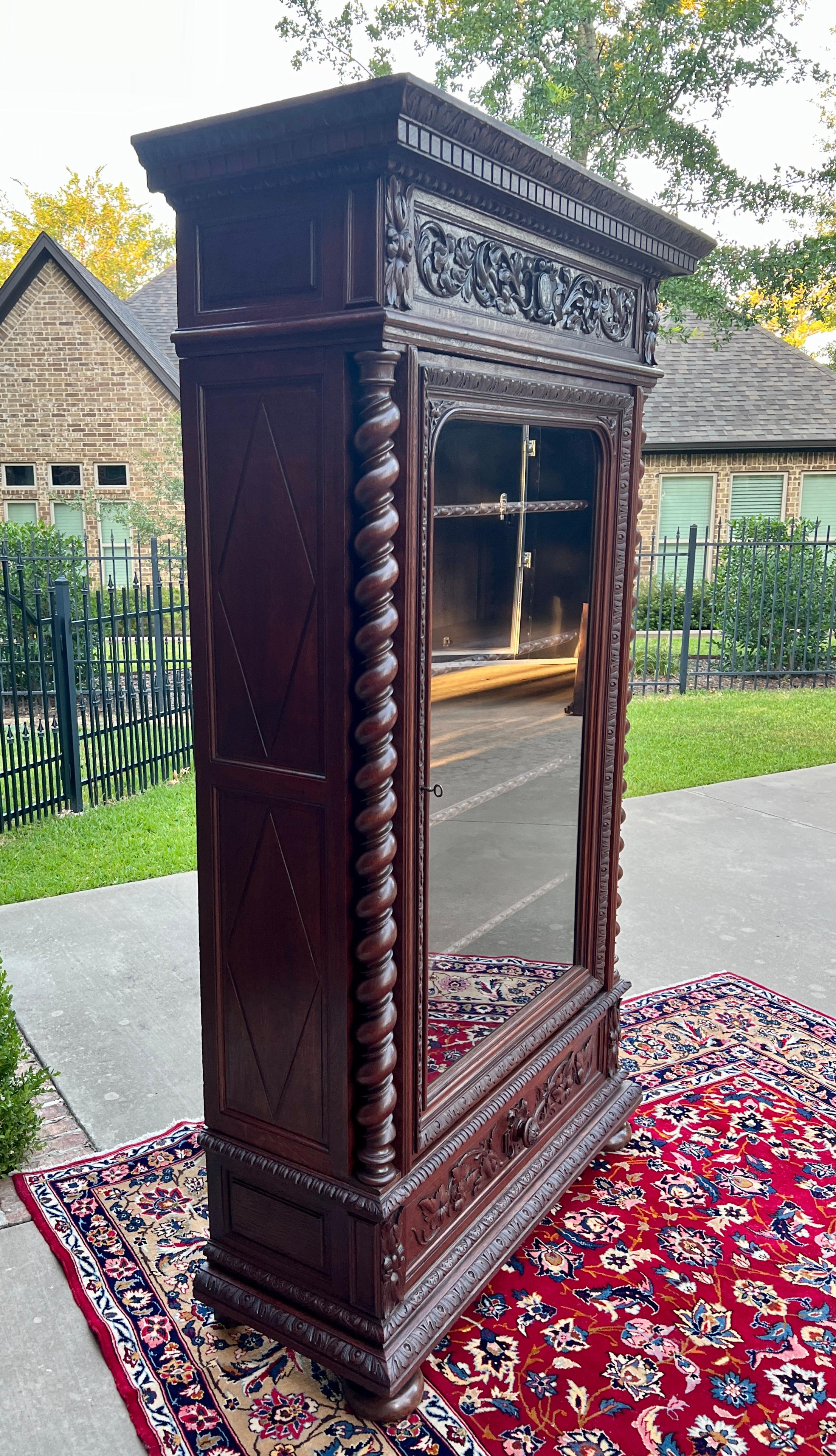 Antique French Bookcase Cabinet Display BARLEY TWIST Oak Renaissance 19th C 13