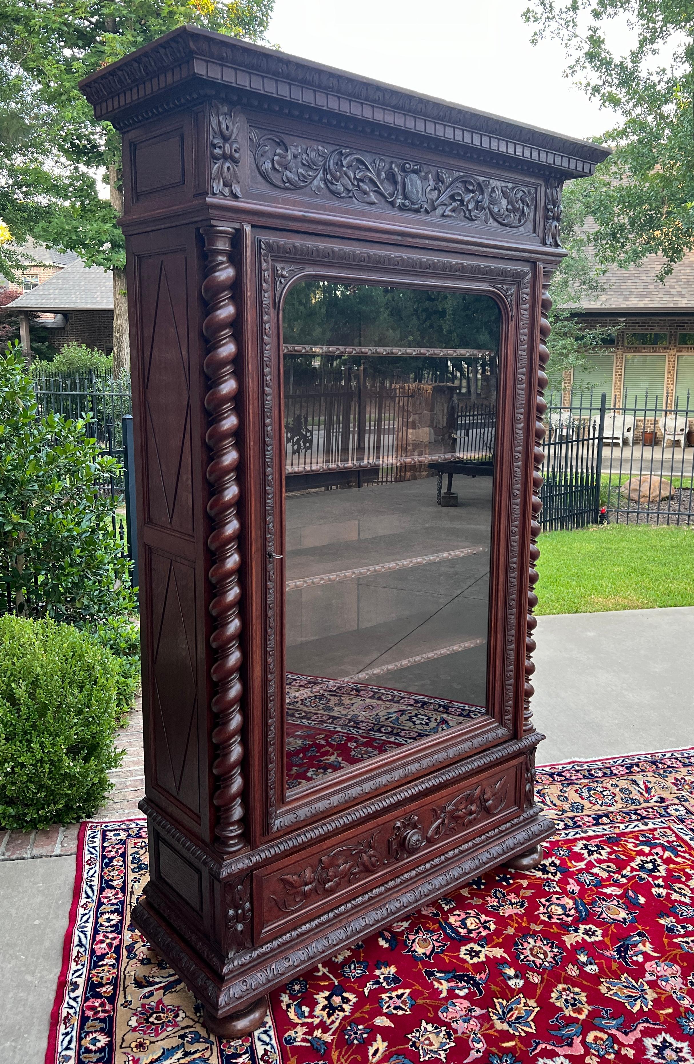 Antique French Bookcase Cabinet Display BARLEY TWIST Oak Renaissance 19th C 1