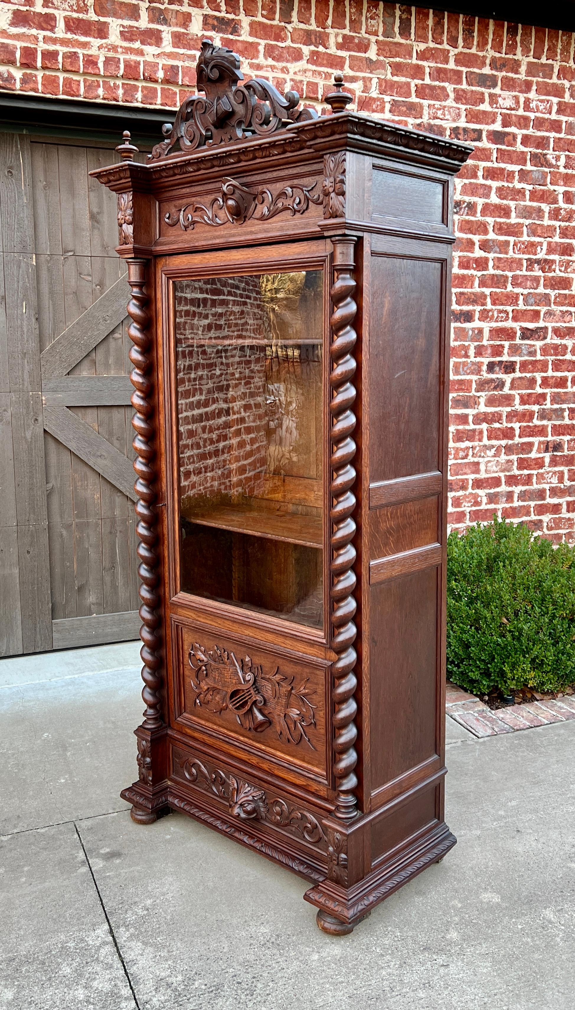 Renaissance Revival Antique French Bookcase Cabinet Display Barley Twist Scholars Carved Oak 19th C