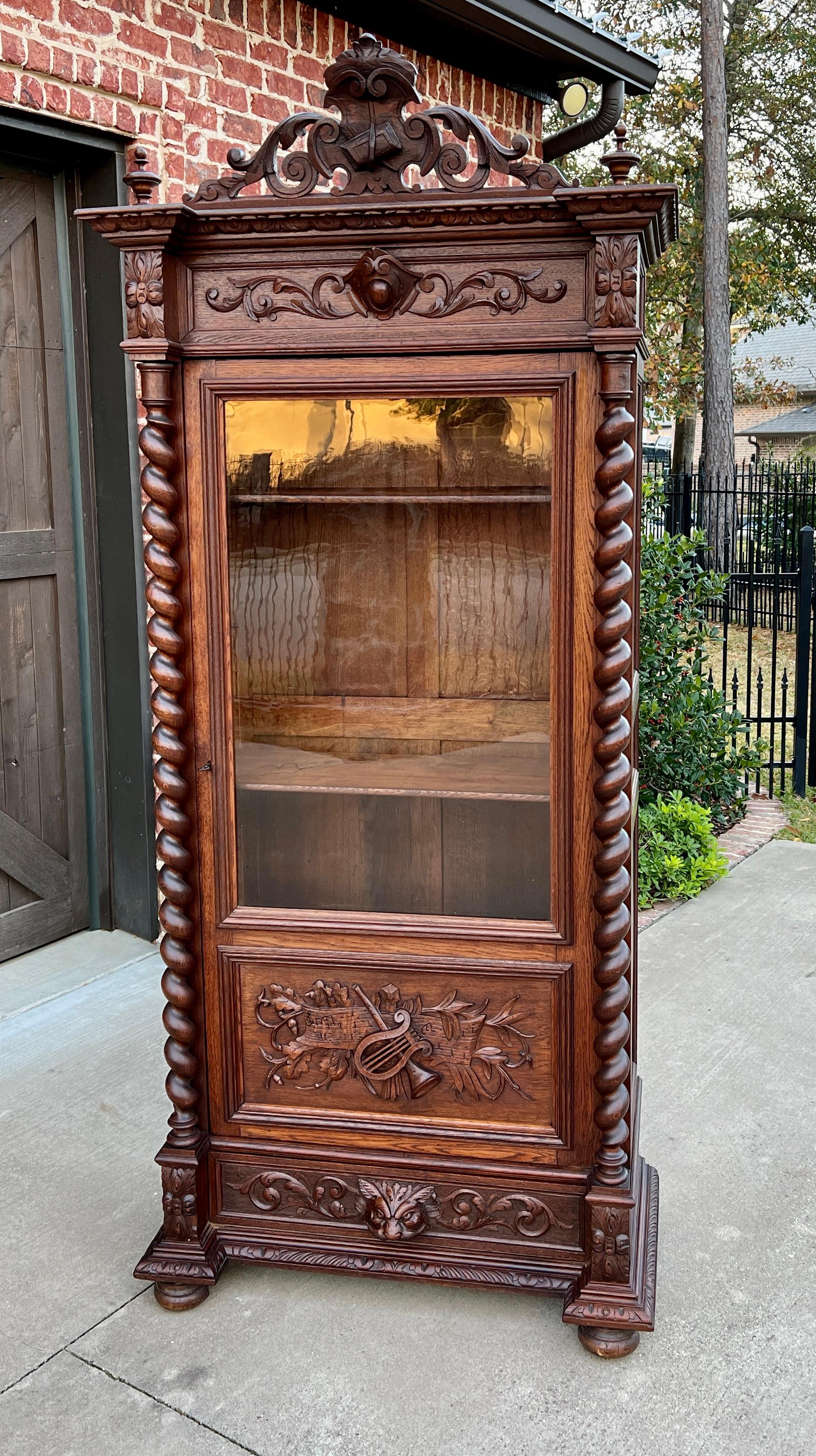 Antique French Bookcase Cabinet Display Barley Twist Scholars Carved Oak 19th C 1
