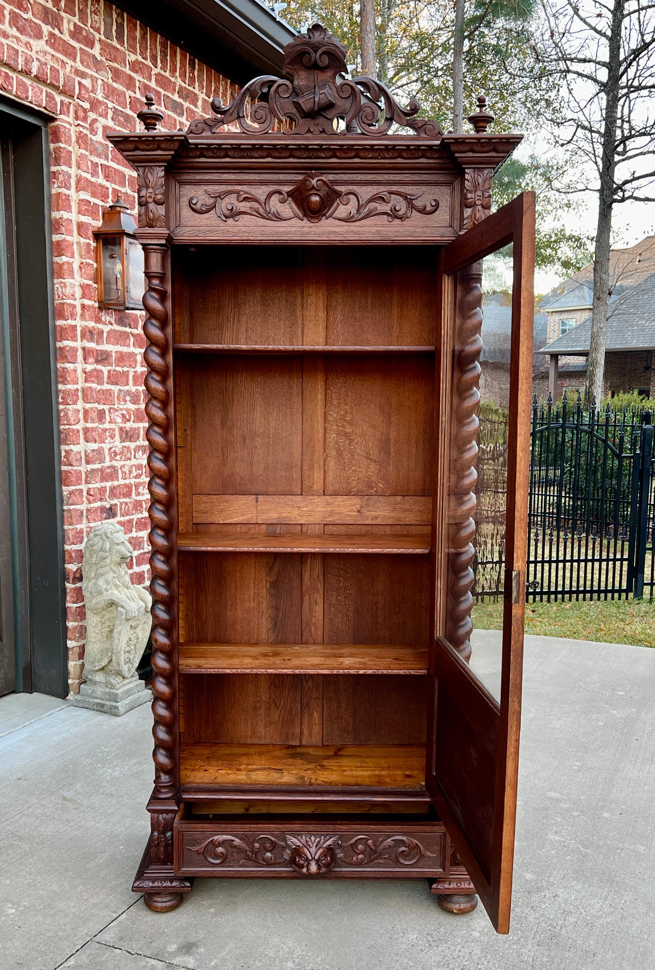 Antique French Bookcase Cabinet Display Barley Twist Scholars Carved Oak 19th C 2