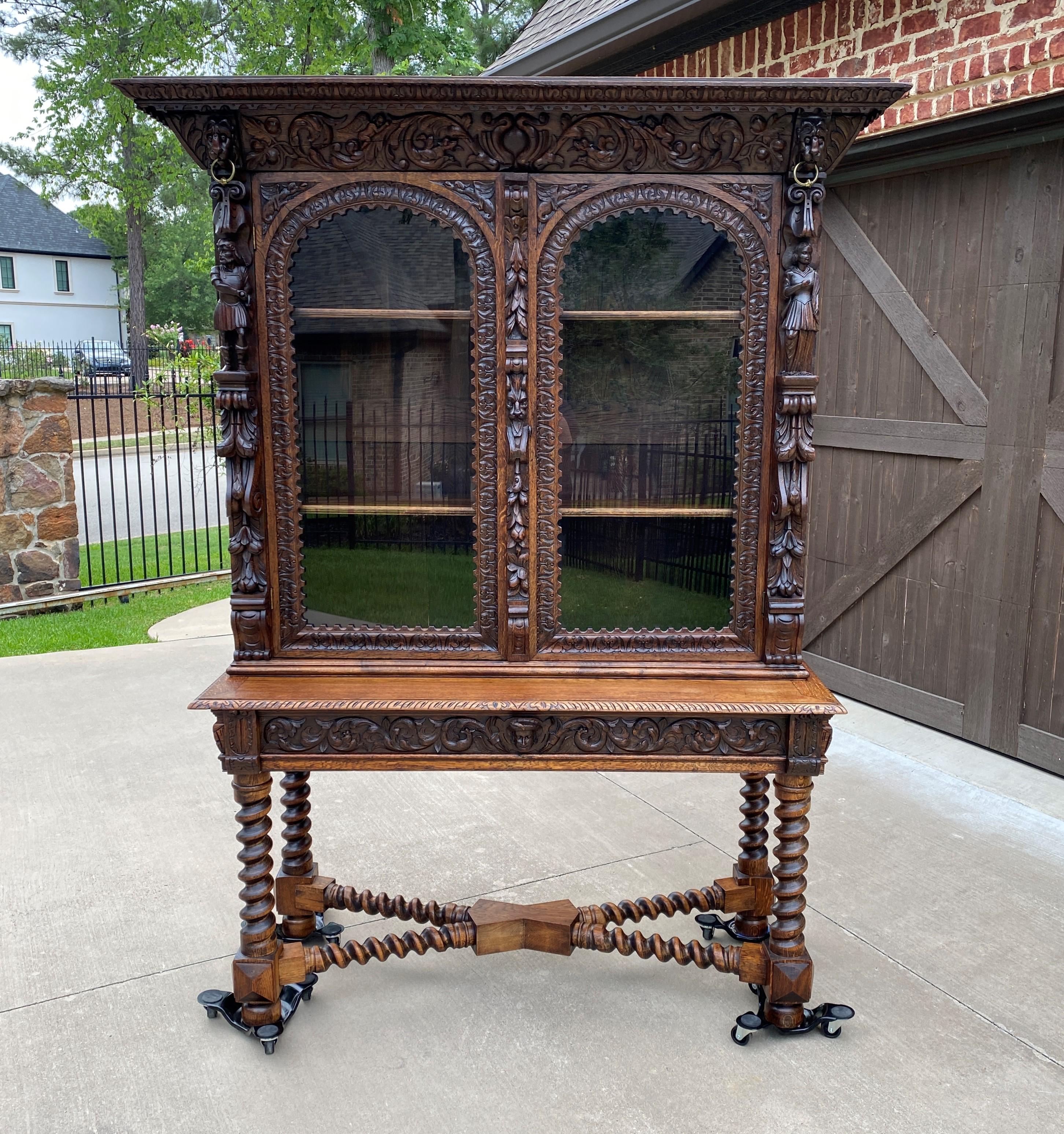 Renaissance Revival Antique French Bookcase Cabinet Display Barley Twist Stand Carved Oak 19th C 