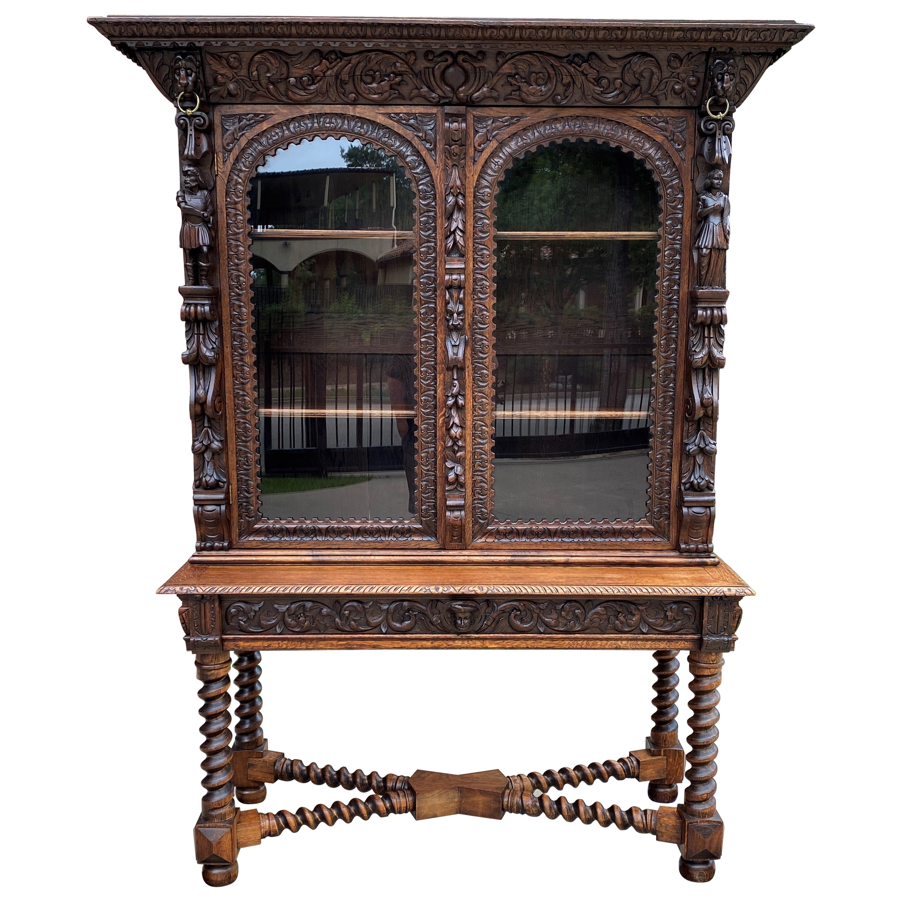 Antique French Bookcase Cabinet Display Barley Twist Stand Carved Oak 19th C