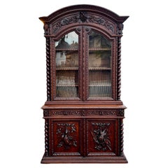 Antique French Bookcase Cabinet Display Buffet Bonnet Barley Twist Oak 19th C