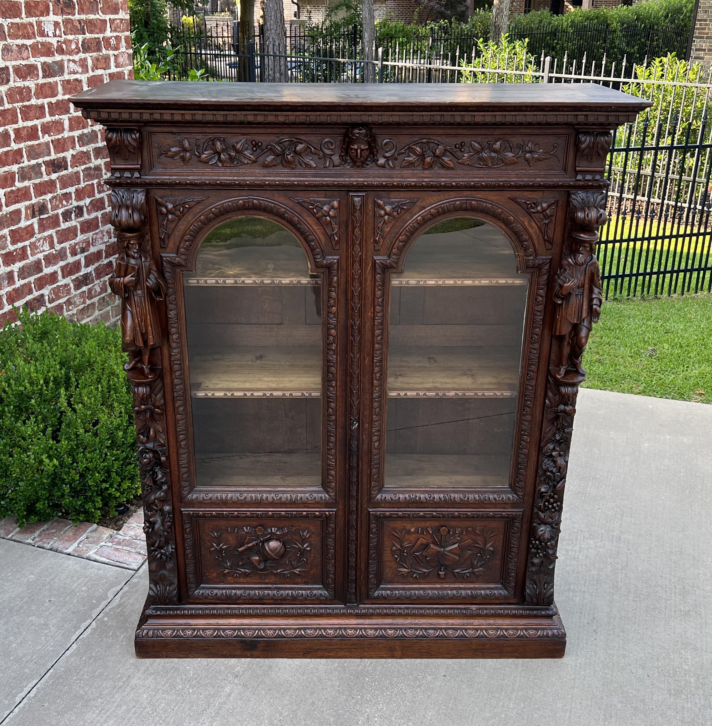 Antique French Bookcase Cabinet Display Double Door Scholars Carved Oak 19th C 10