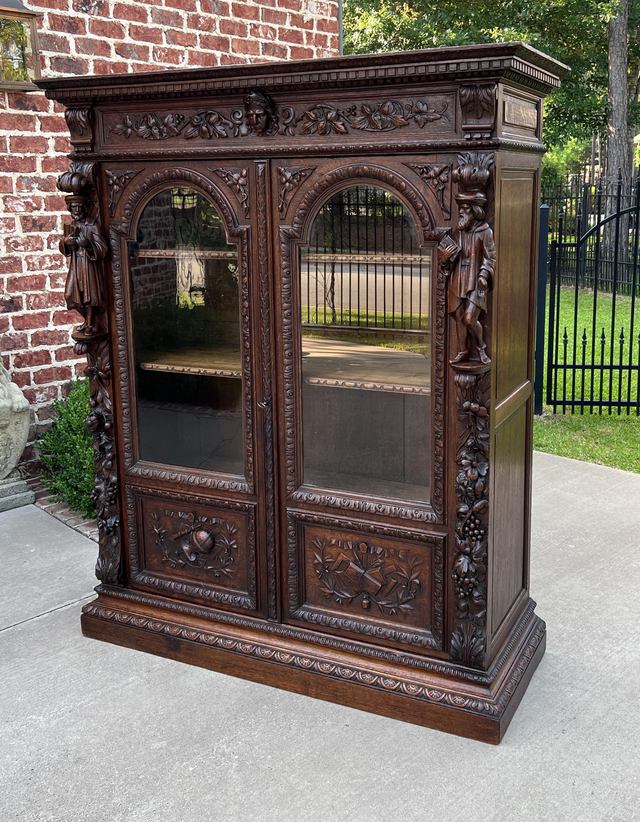 Renaissance Revival Antique French Bookcase Cabinet Display Double Door Scholars Carved Oak 19th C