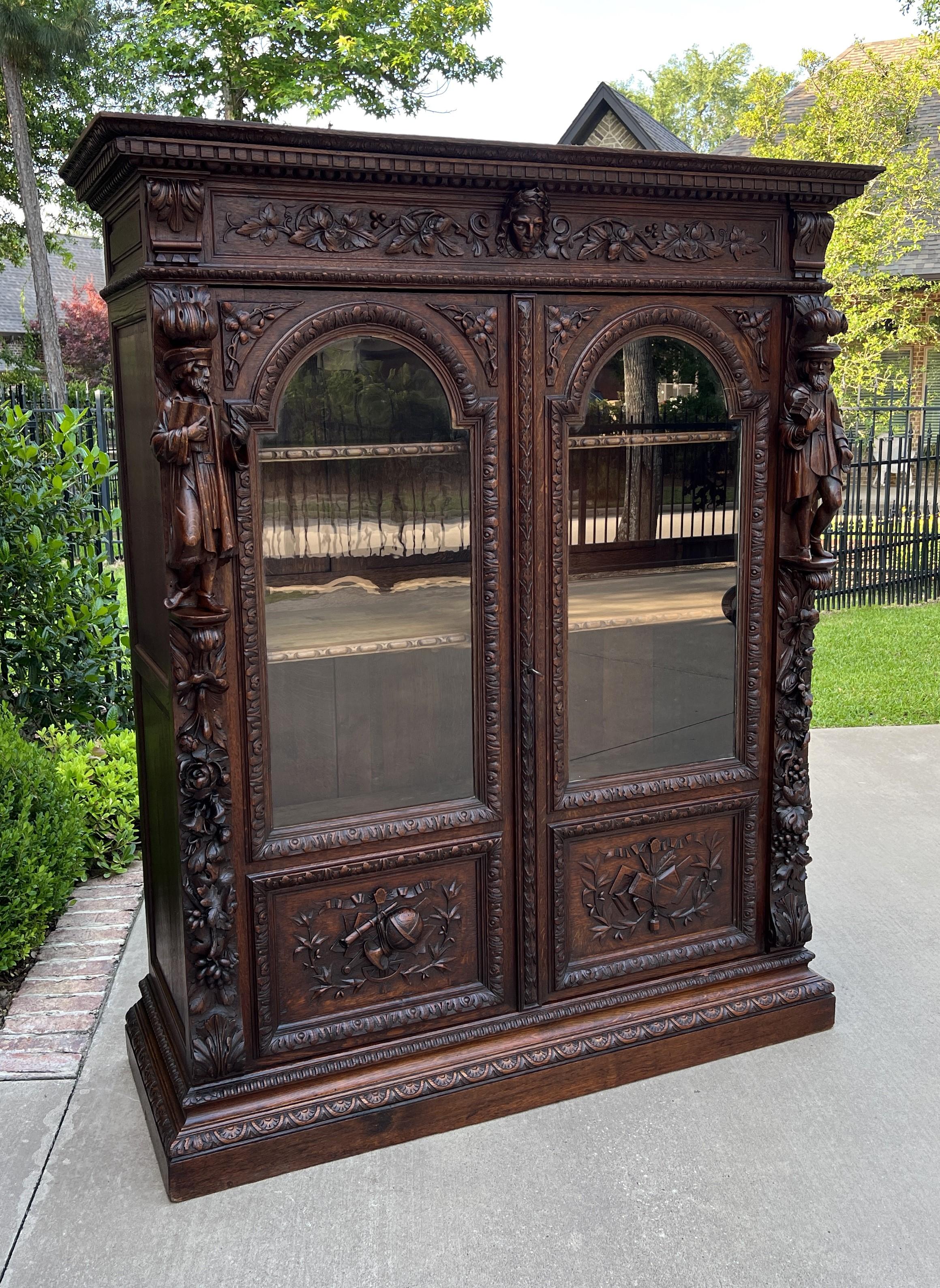 Antique French Bookcase Cabinet Display Double Door Scholars Carved Oak 19th C 4