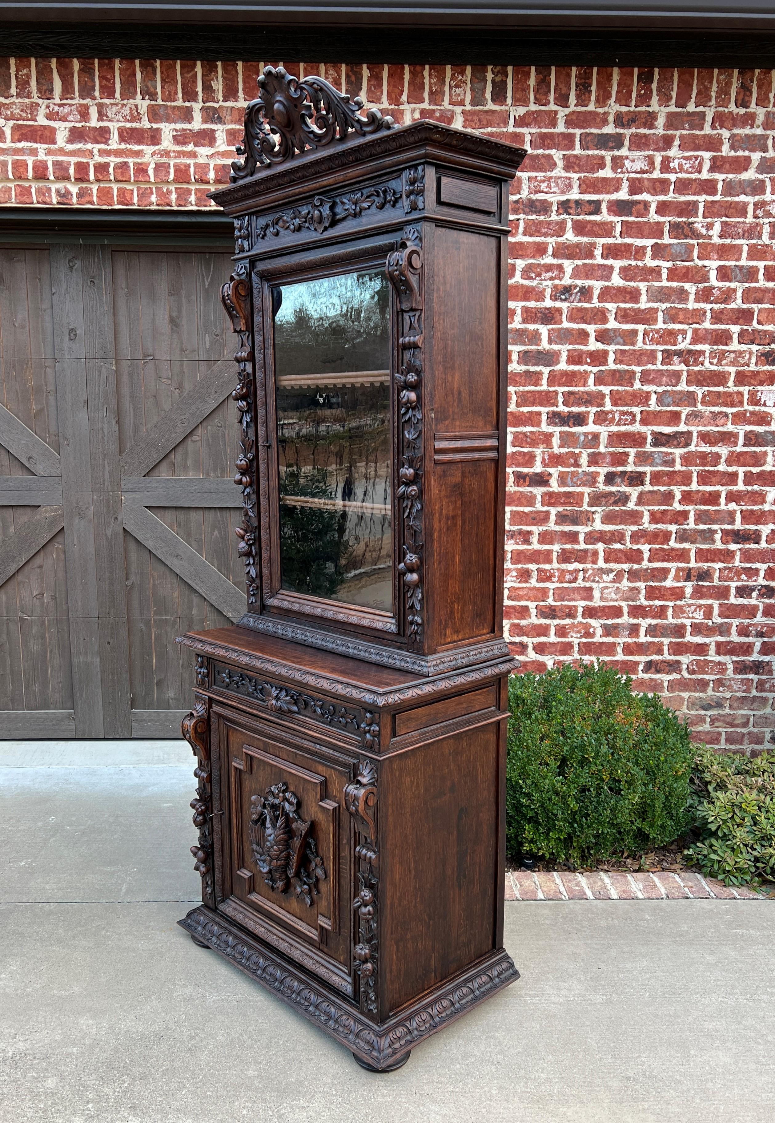 Carved Antique French Bookcase Cabinet Display Hunt Style Black Forest Petite Oak 19C