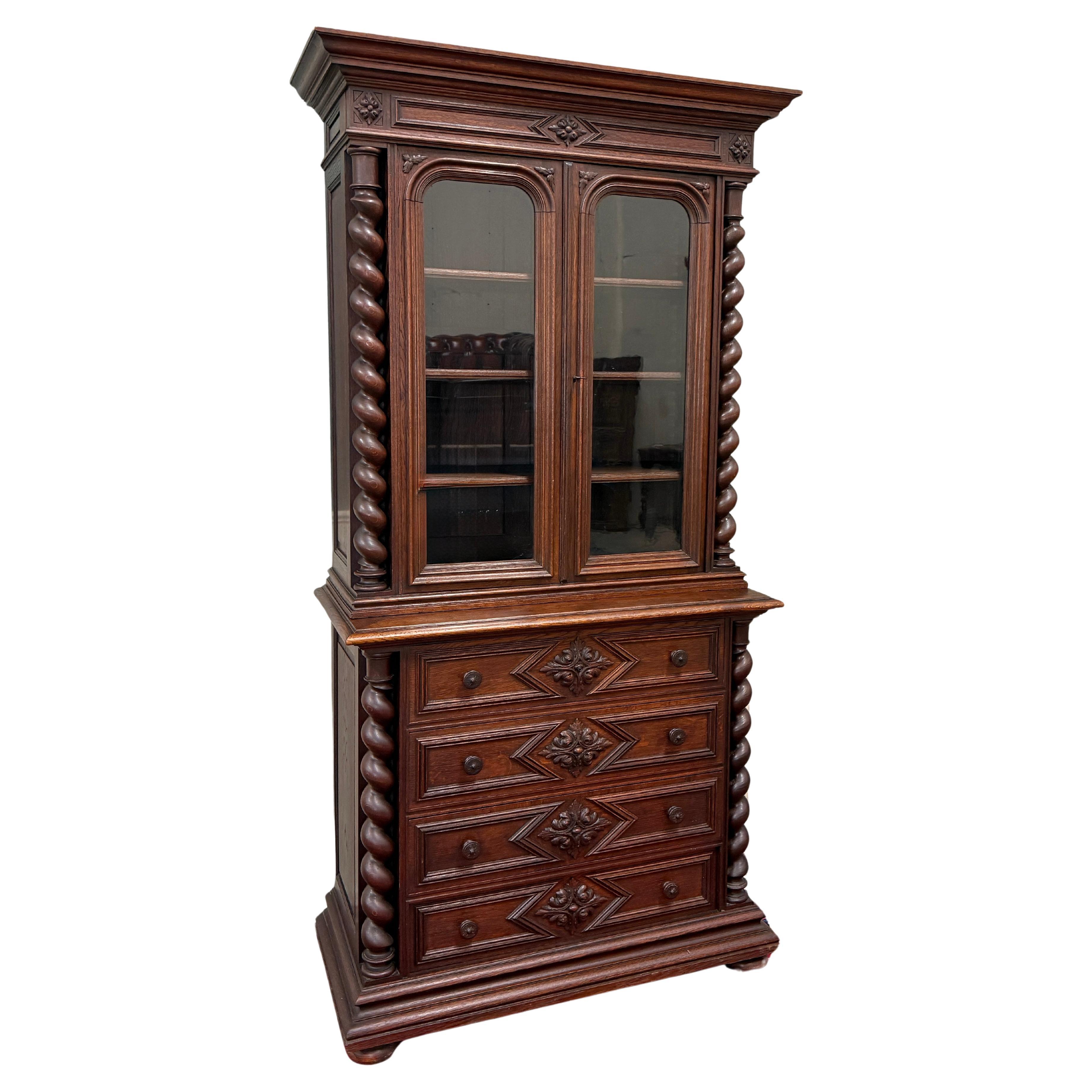 Antique French Bookcase & Chest of Drawers Display Cabinet Barley Twist Oak