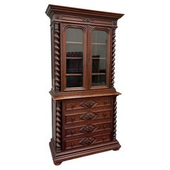 Antique French Bookcase & Chest of Drawers Display Cabinet Barley Twist Oak