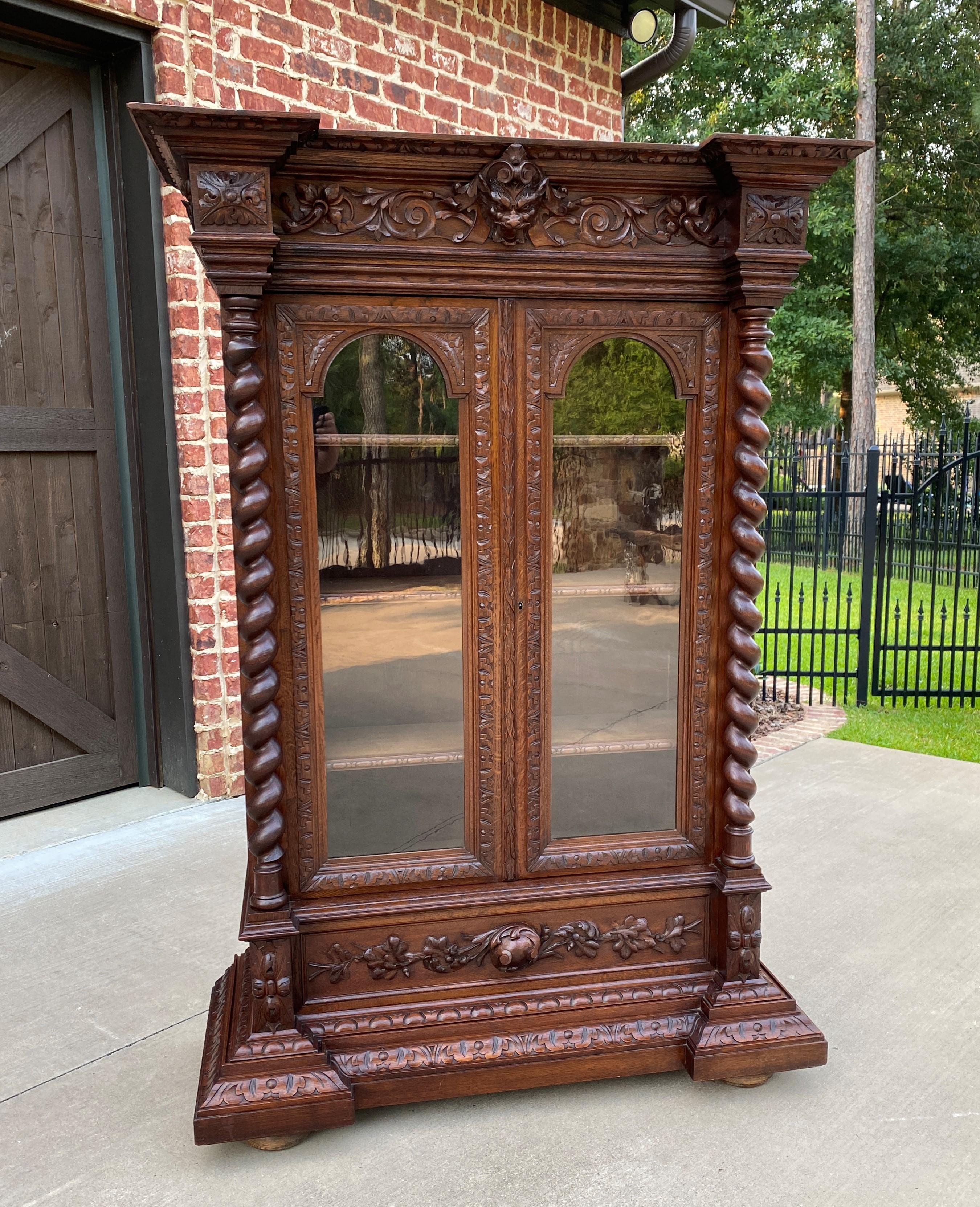 Antique French Bookcase Display Cabinet Renaissance Oak Barley Twist 19th C 5