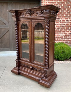 Antique French Bookcase Display Cabinet Renaissance Oak Barley Twist 19th C