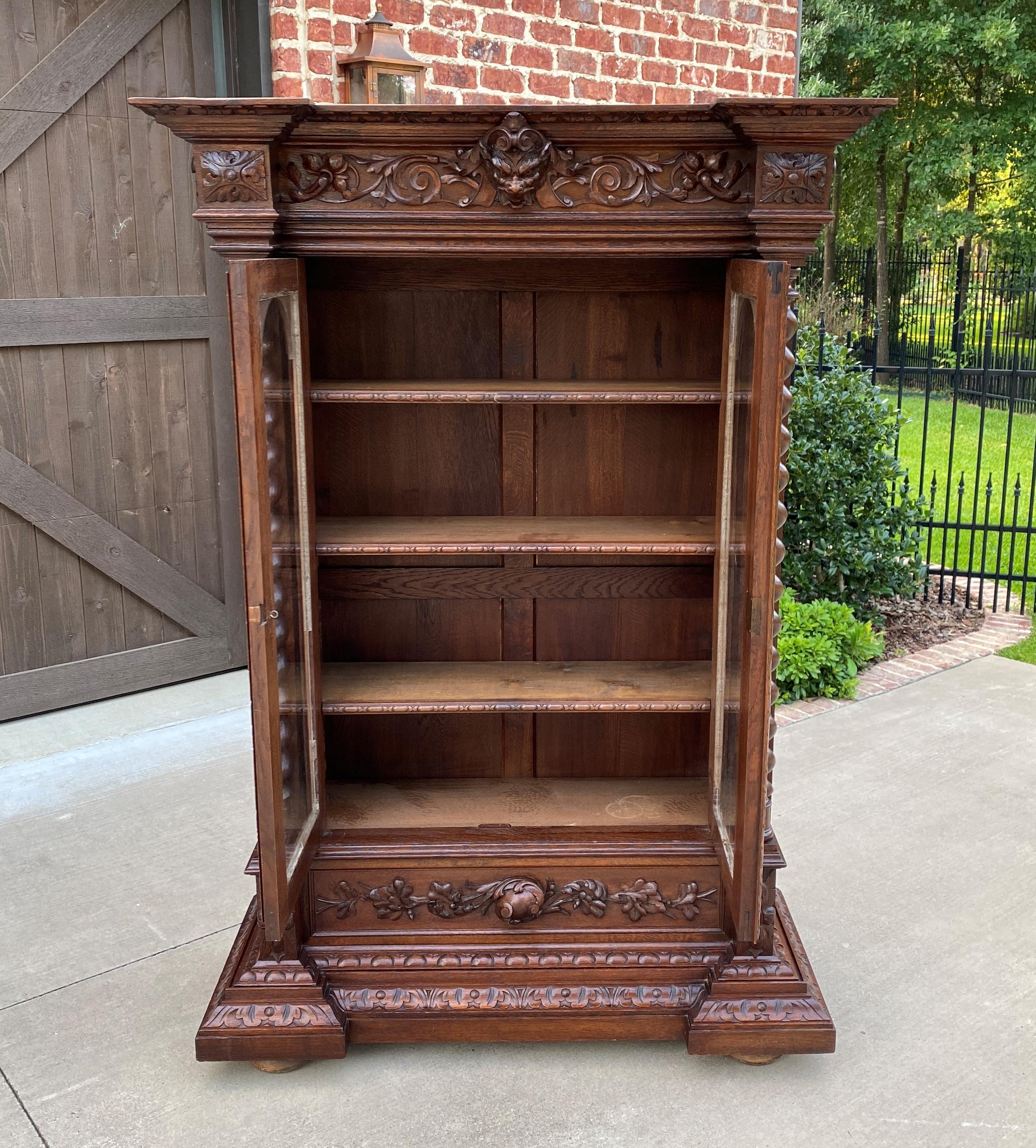 Carved Antique French Bookcase Display Cabinet Renaissance Oak Barley Twist 19th C