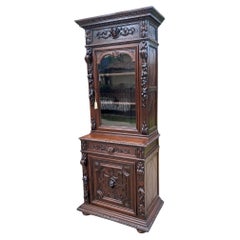 Antique French Bookcase Hunt Cabinet Dark Oak Black Forest Renaissance 19th C