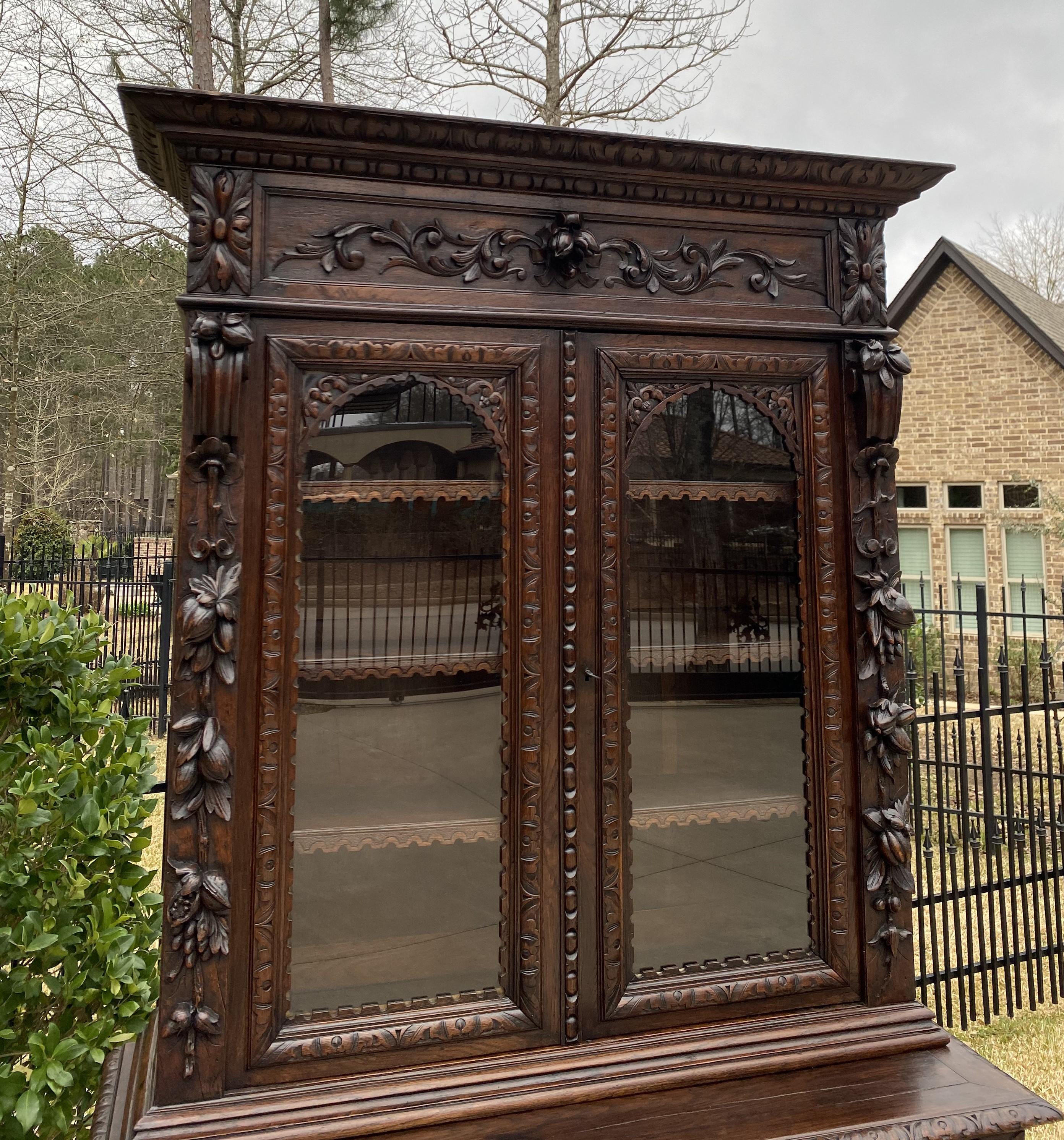 Antique French Bookcase Hunt Cabinet Display Buffet Black Forest Oak 19th C For Sale 5