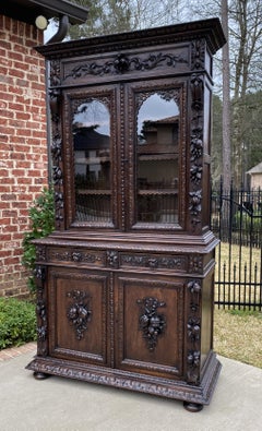 Antique French Bookcase Hunt Cabinet Display Buffet Black Forest Oak 19th C