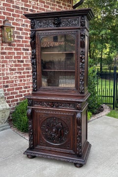 Antique French Bookcase Hunt Cabinet Display Buffet Black Forest Oak 19th C