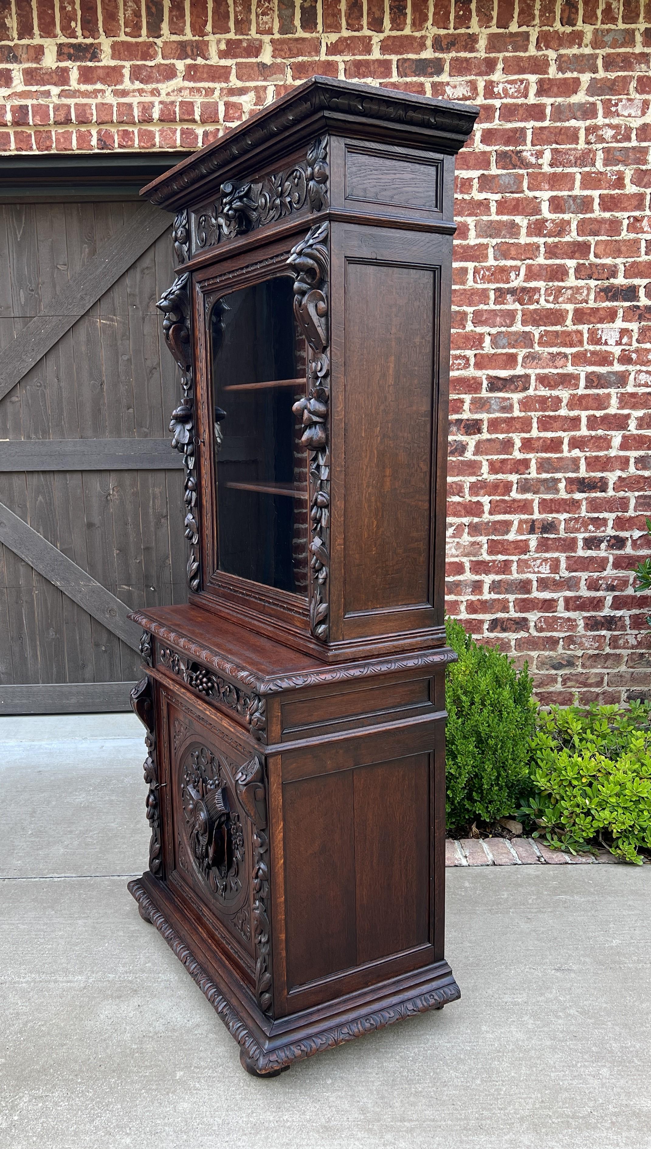 Carved Antique French Bookcase Hunt Cabinet Display Buffet Black Forest Oak 19th C For Sale