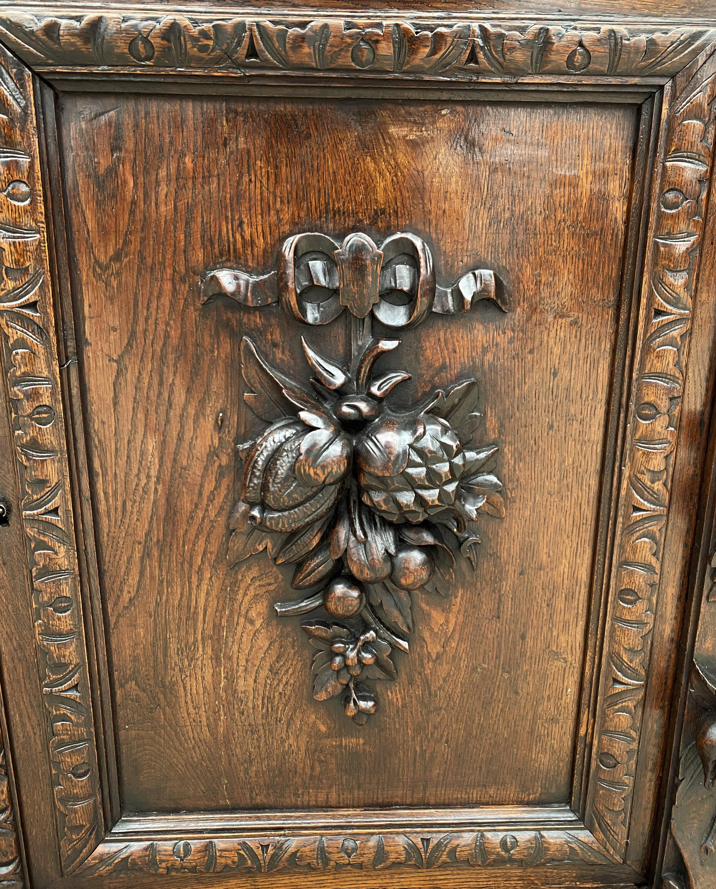 Carved Antique French Bookcase Hunt Cabinet Display Buffet Black Forest Oak 19th C