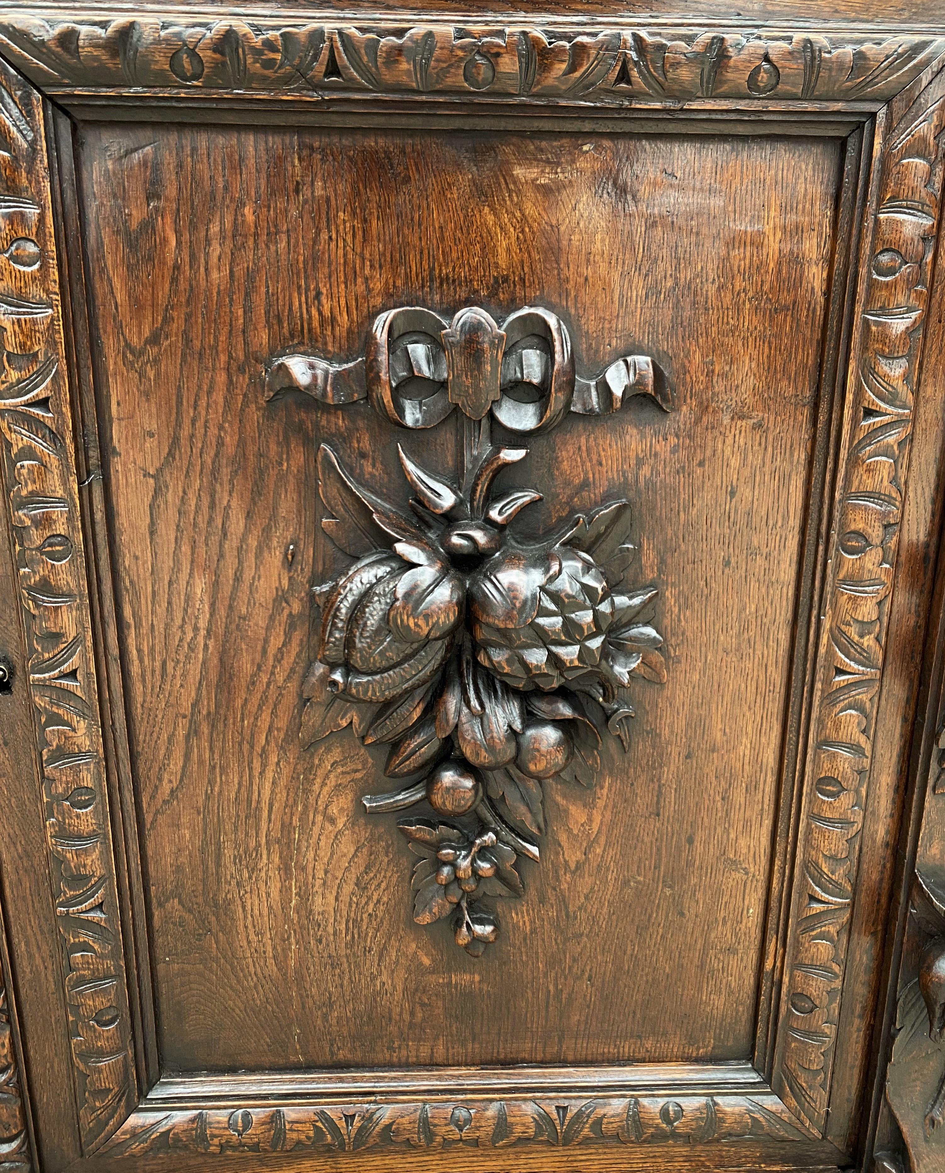 Carved Antique French Bookcase Hunt Cabinet Display Buffet Black Forest Oak 19th C For Sale