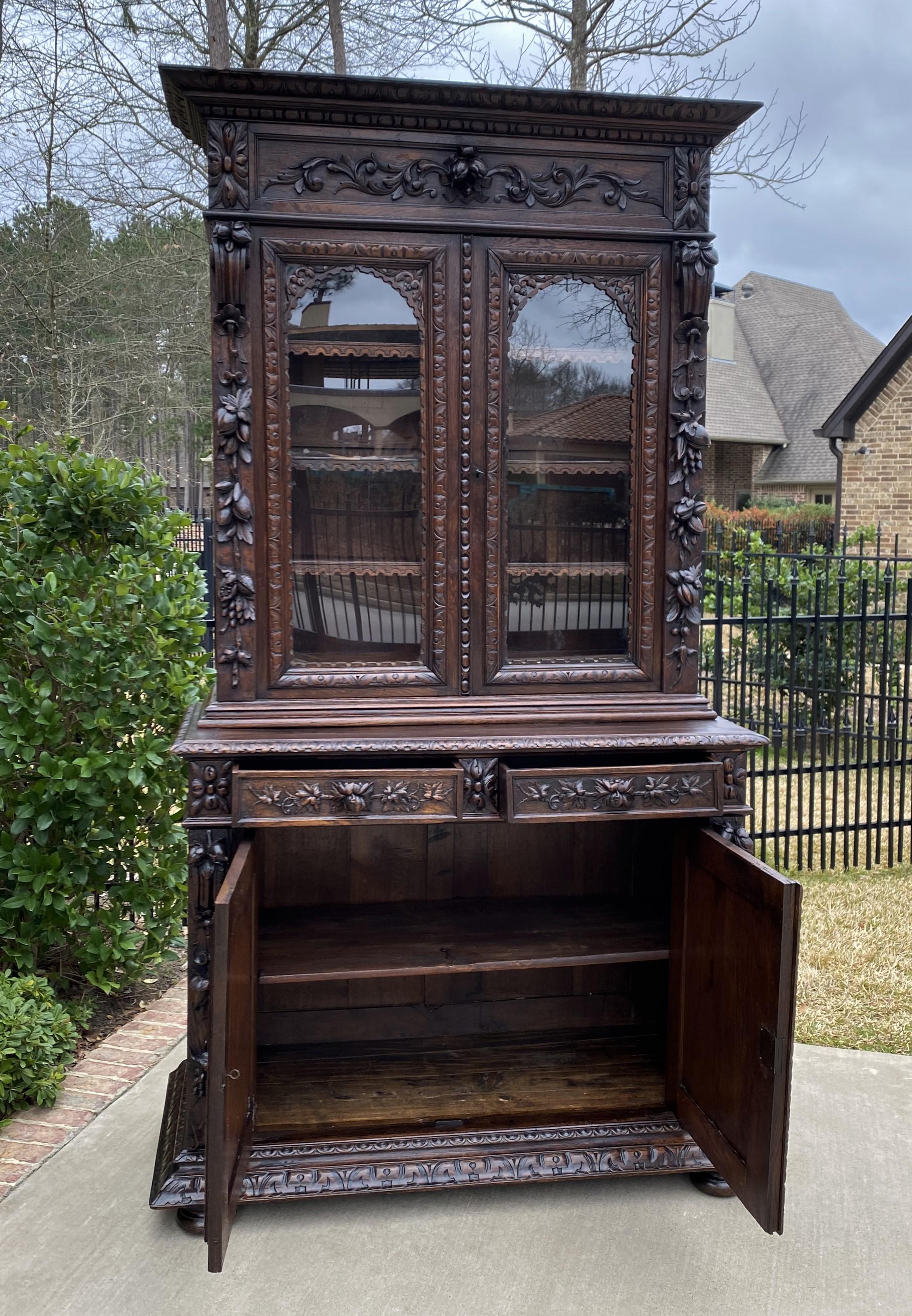 19th Century Antique French Bookcase Hunt Cabinet Display Buffet Black Forest Oak 19th C For Sale