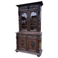 Antique French Bookcase Hunt Cabinet Display Buffet Black Forest Oak 19th C