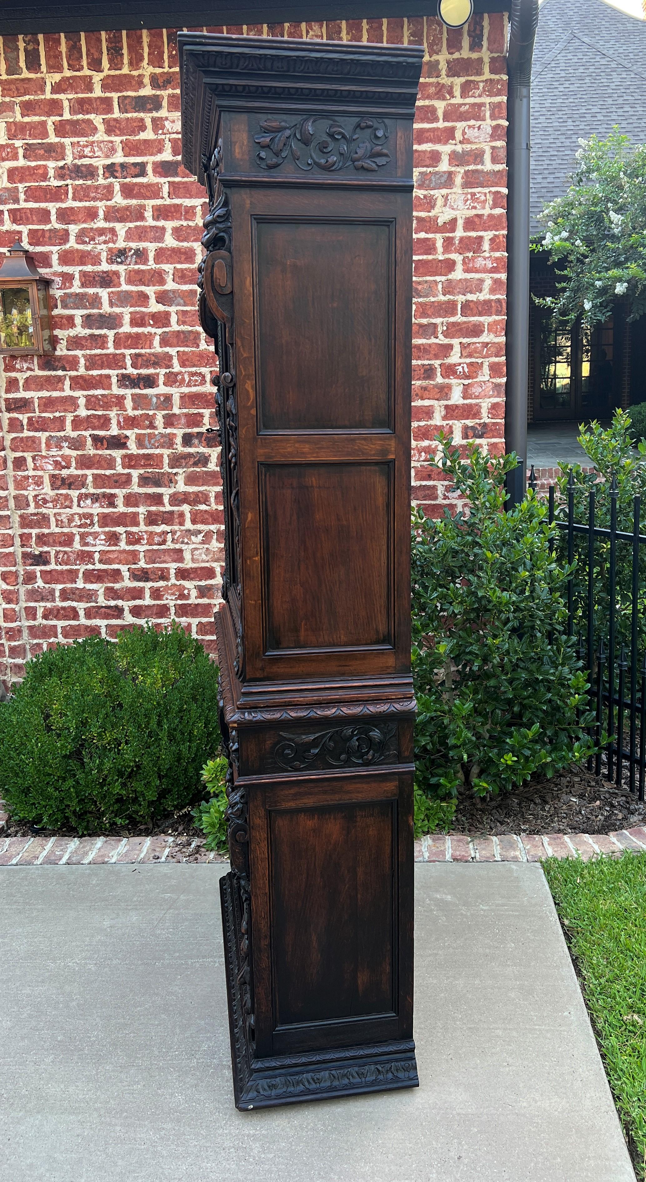 Carved Antique French Bookcase HUNT Cabinet Display Buffet Oak Slim Profile 19th C For Sale
