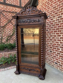 Antique French Bookcase Hunt Display Cabinet Barley Twist Renaissance Oak
