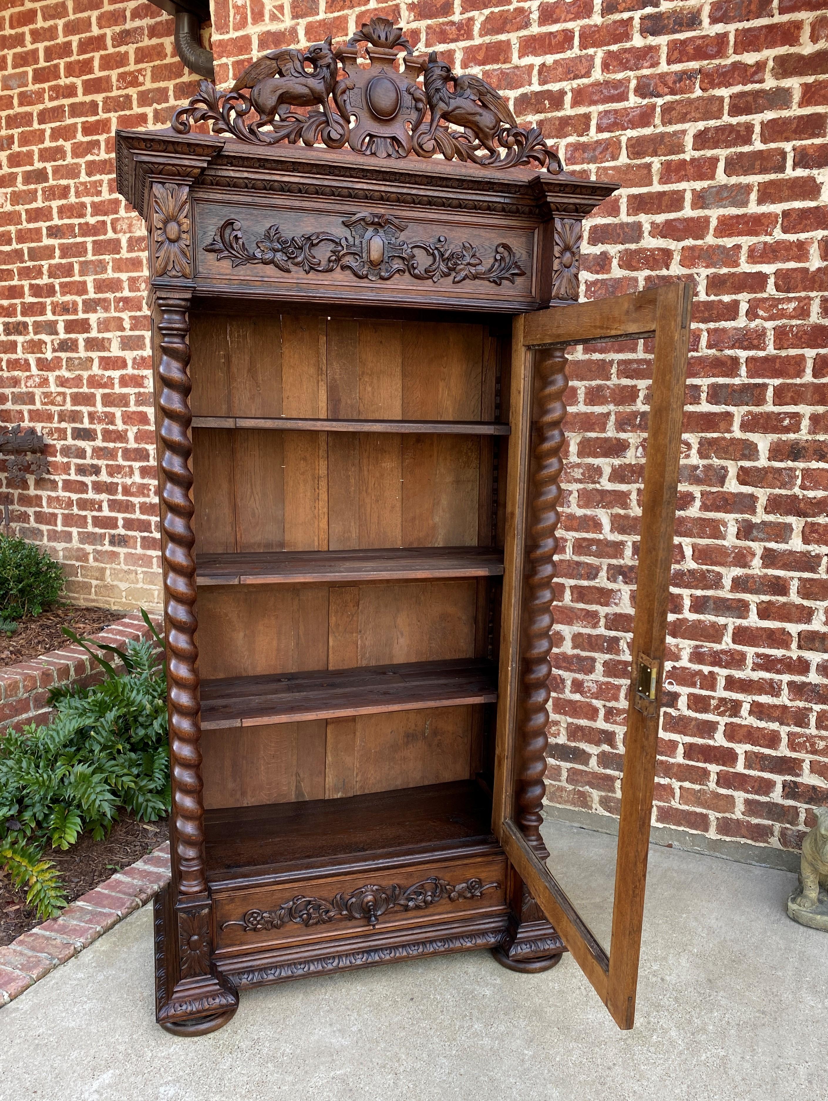 Carved Antique French Bookcase Hunt Display Cabinet Barley Twist Renaissance Oak