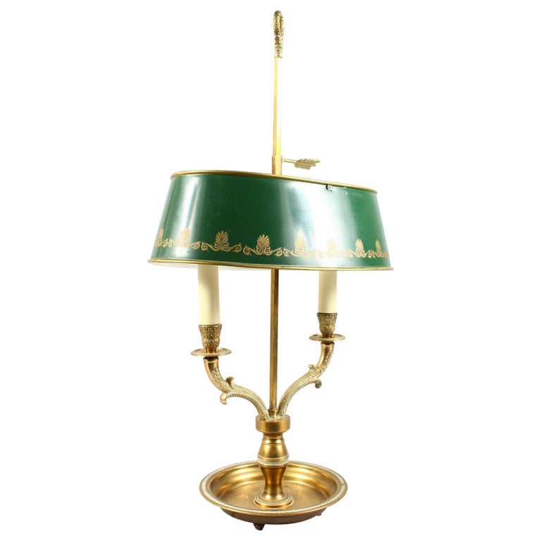 French Empire Style Bouillotte Table Lamp, Brass with Green Tole Shade