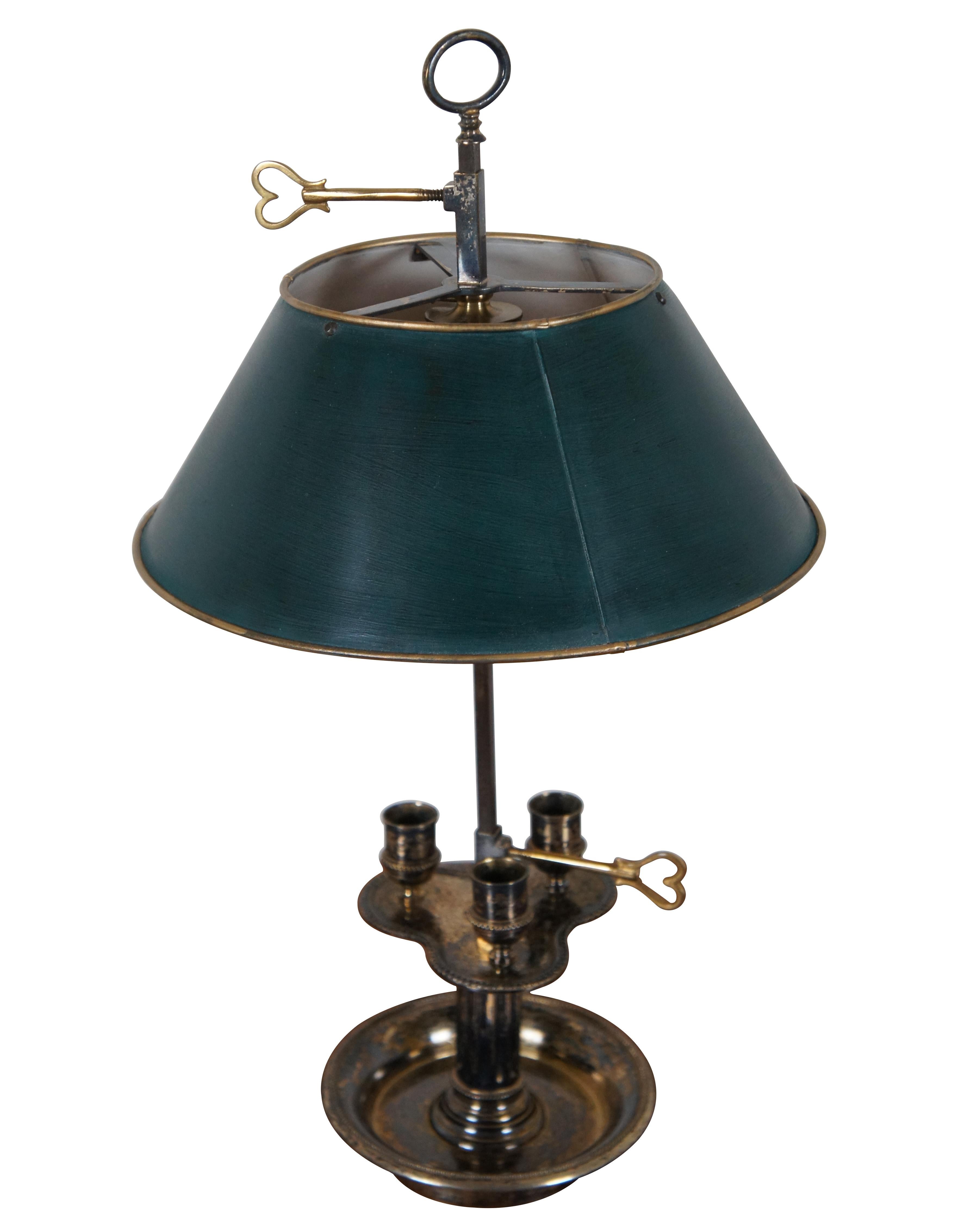 Antique French Neoclassical Bouillotte / Directoire / Hot Water Bottle silver plate three light table lamp, featuring a fluted column with round dish base supporting a three candle tray (height adjustable), with ring finial and heart shaped screw
