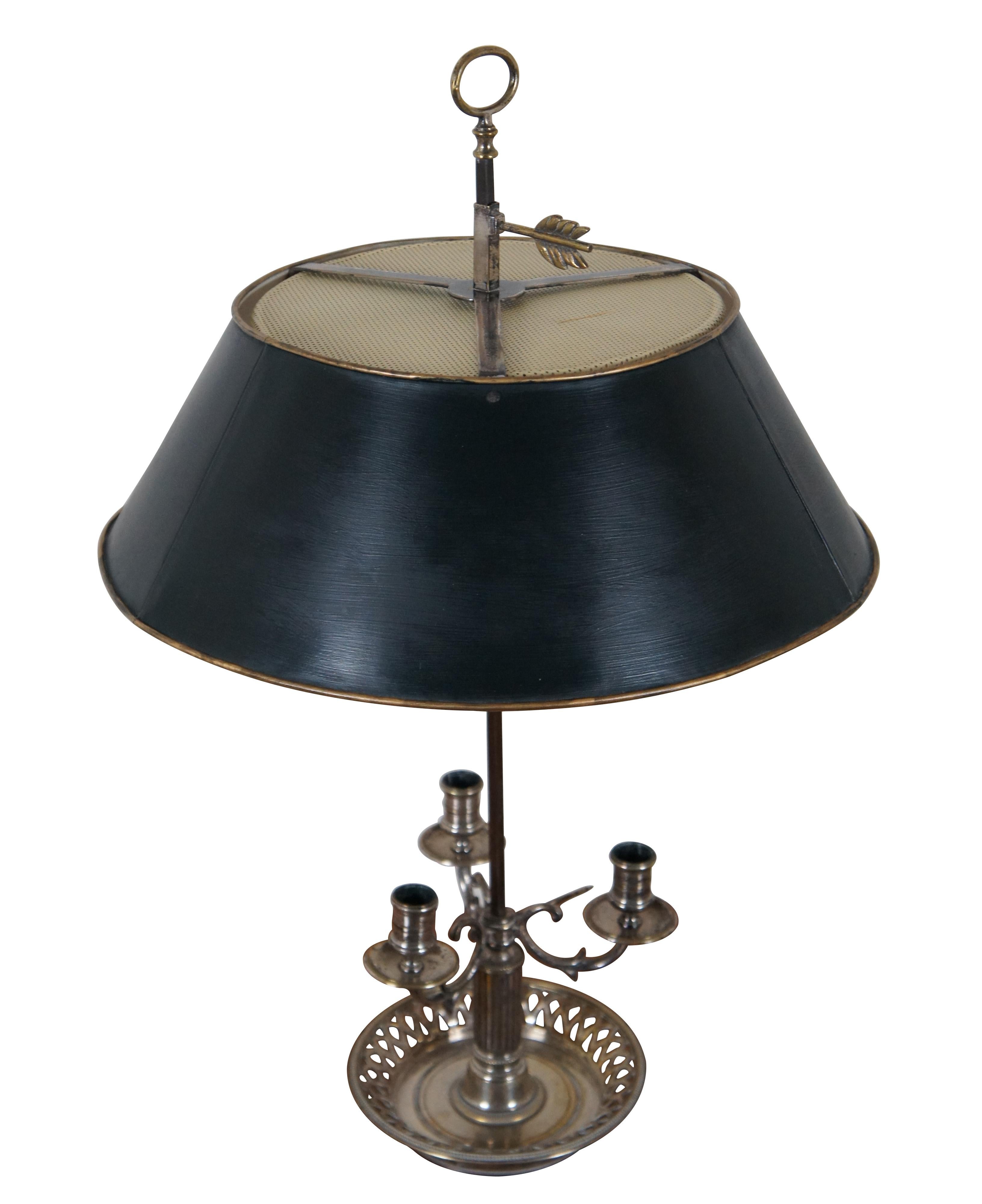 Antique French Neoclassical Bouillotte / Directoire / Hot Water Bottle silver plate three light table lamp, featuring a pierced / reticulated base with a fluted column supporting a three arm candelabra (adjustable height) with ring finial, arrow