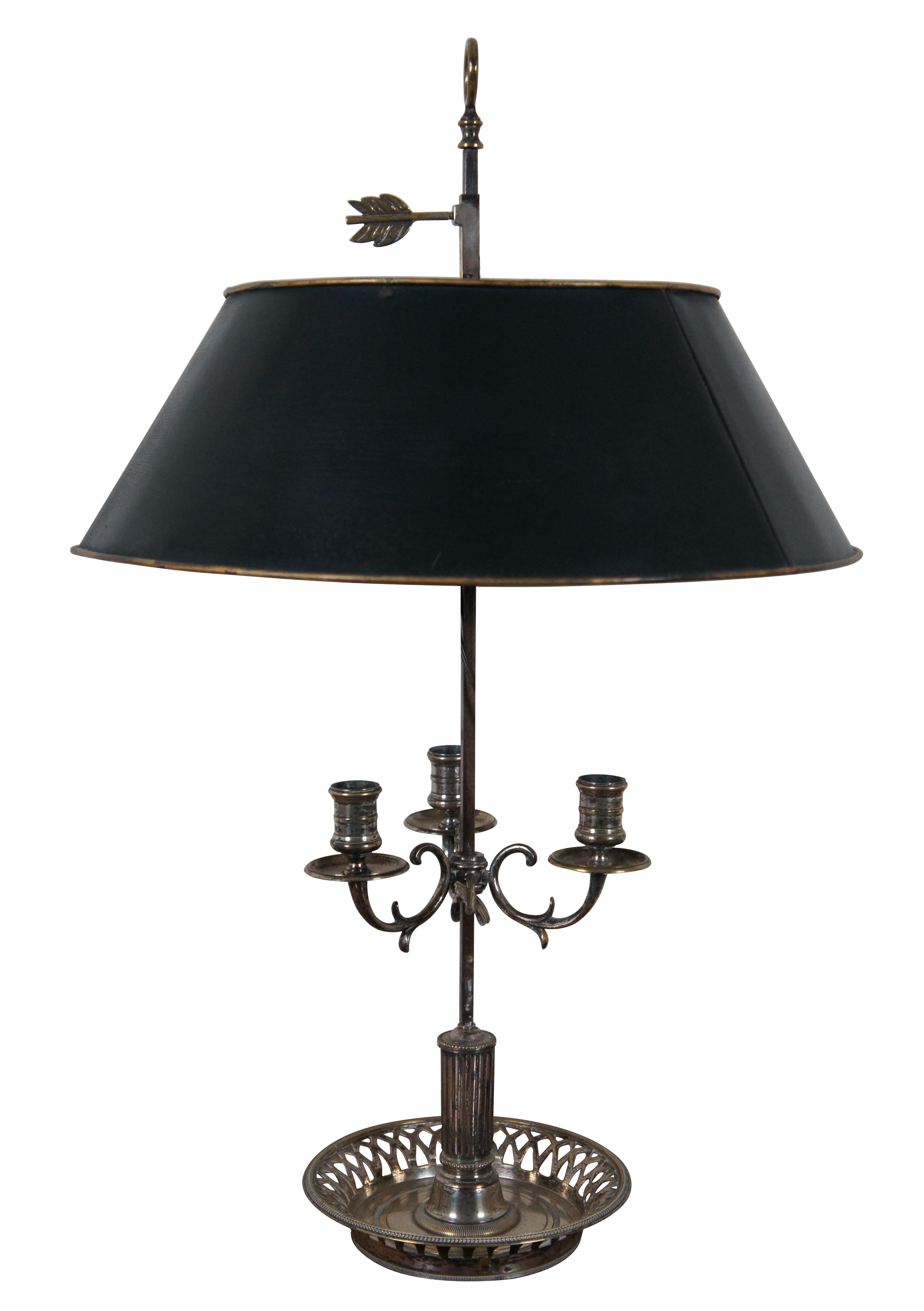 Antique French Bouillotte Directoire 3 Light Pierced Tole Candelabra Lamp In Good Condition For Sale In Dayton, OH