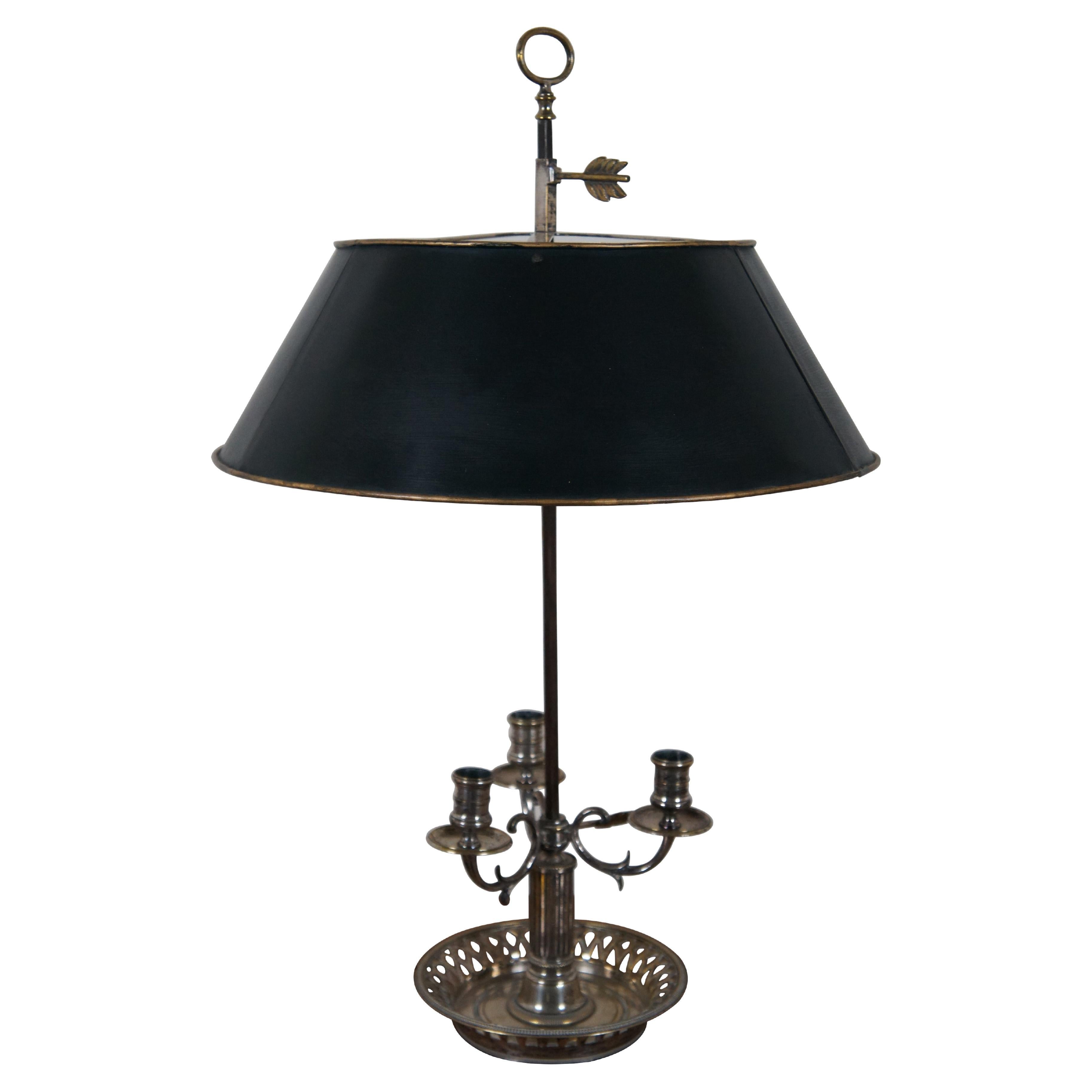 Antique French Bouillotte Directoire 3 Light Pierced Tole Candelabra Lamp For Sale