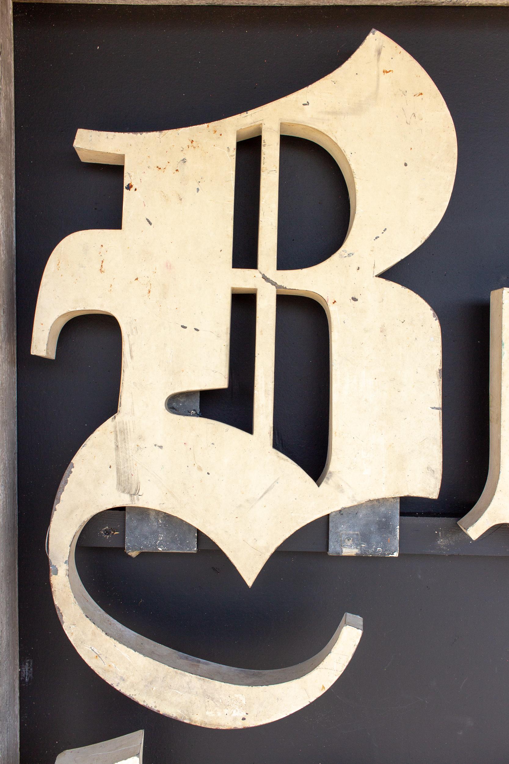 Truly a beautiful discovery during our recent travels, this is an antique set of Boulangerie large scale shop letters that once hung in a Parisian Boulangerie (where the baguettes of bread are made!).  Mounted and hung as art on a contrasting, matte